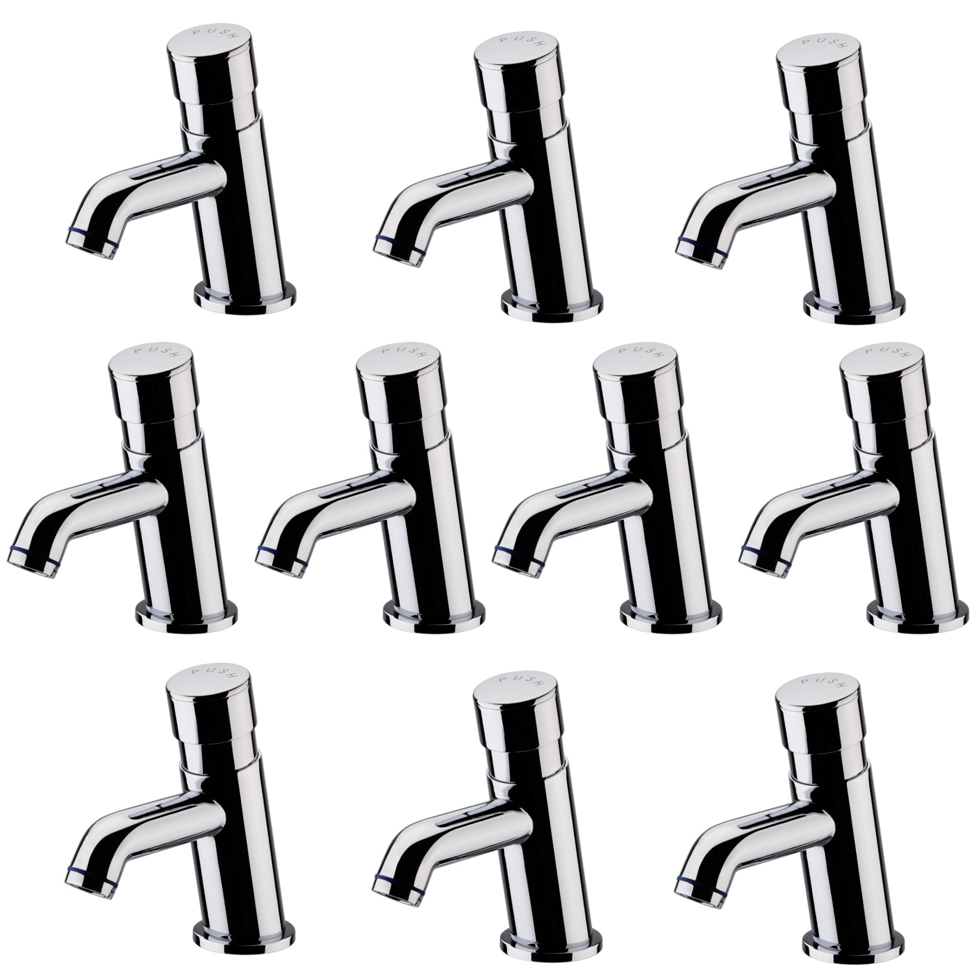 Enki Chrome Vision, Bt4300x10, 10 Pack Of Self Closing Non Concussive Basin Tap Modern, For Pre-Mixed Water, Hot Or Cold, Commercial Use, Adjustable Shut Off Time,