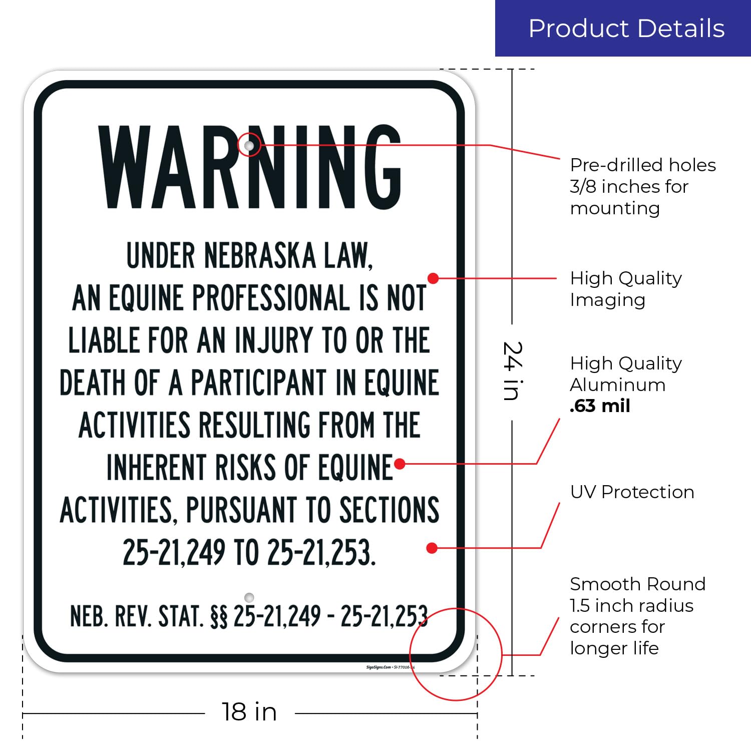 Warning Under Nebraska Law an Equine Professional is Not Liable for an Injury Sign, 18x24 Inches, Rust Free .063 Aluminum, Fade Resistant, Made in USA