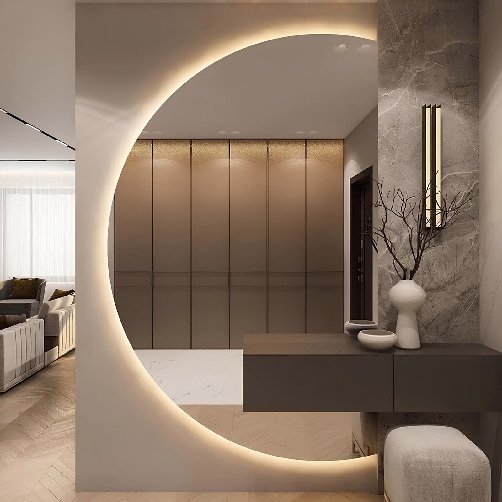 SXFSDOU Large Round Bathroom Mirror 90-130cm Anti-Fog eless Full-Length with LED Lighting in 3 Color Temperatures (Right Cut 47"x32")
