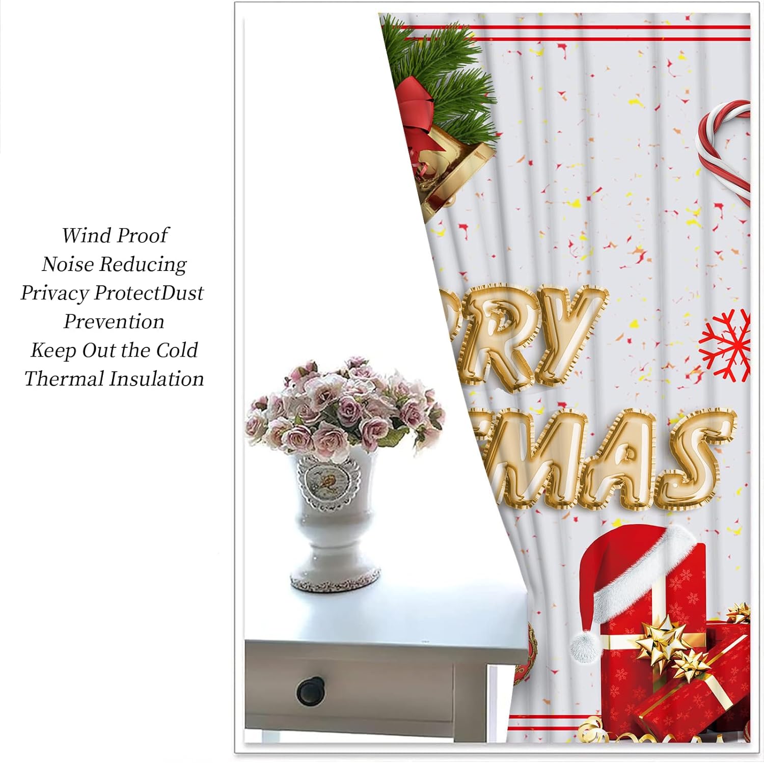 Merry Christmas Black Out Curtains, Modern Luxury Curtains 63 inch Length 2 Panel, Christmas Tree Curtains for Bedroom, Grey White Thermal Curtains for Kitchen Windows Drapes