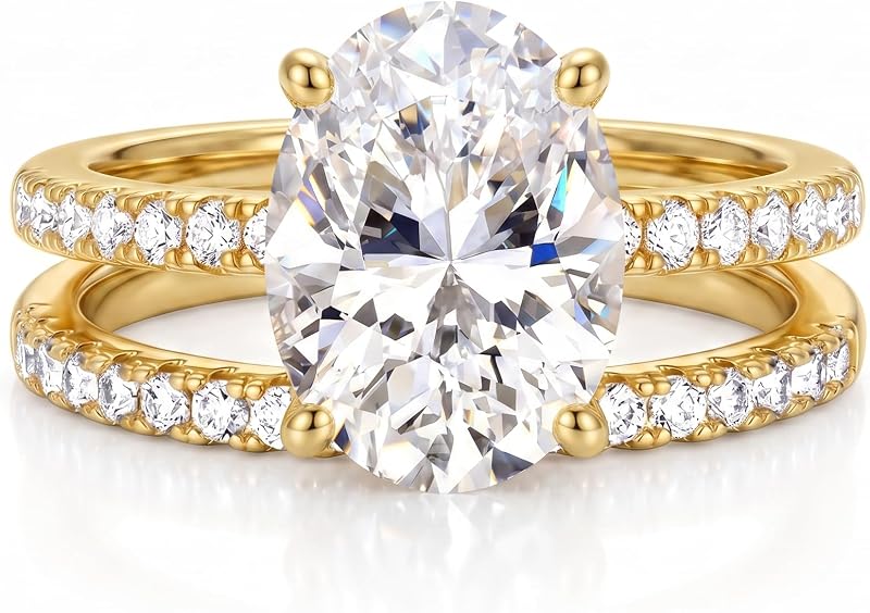 3CT Oval Cut Engagement Travel Rings Set for Women, Waterproof 14K Yellow Gold Plated Sparkle CZ Wedding Ring Band Promise Rings for Her, Anniversary Bridal Ring Set Valentine's Gifts 2PCS, Size 4-11