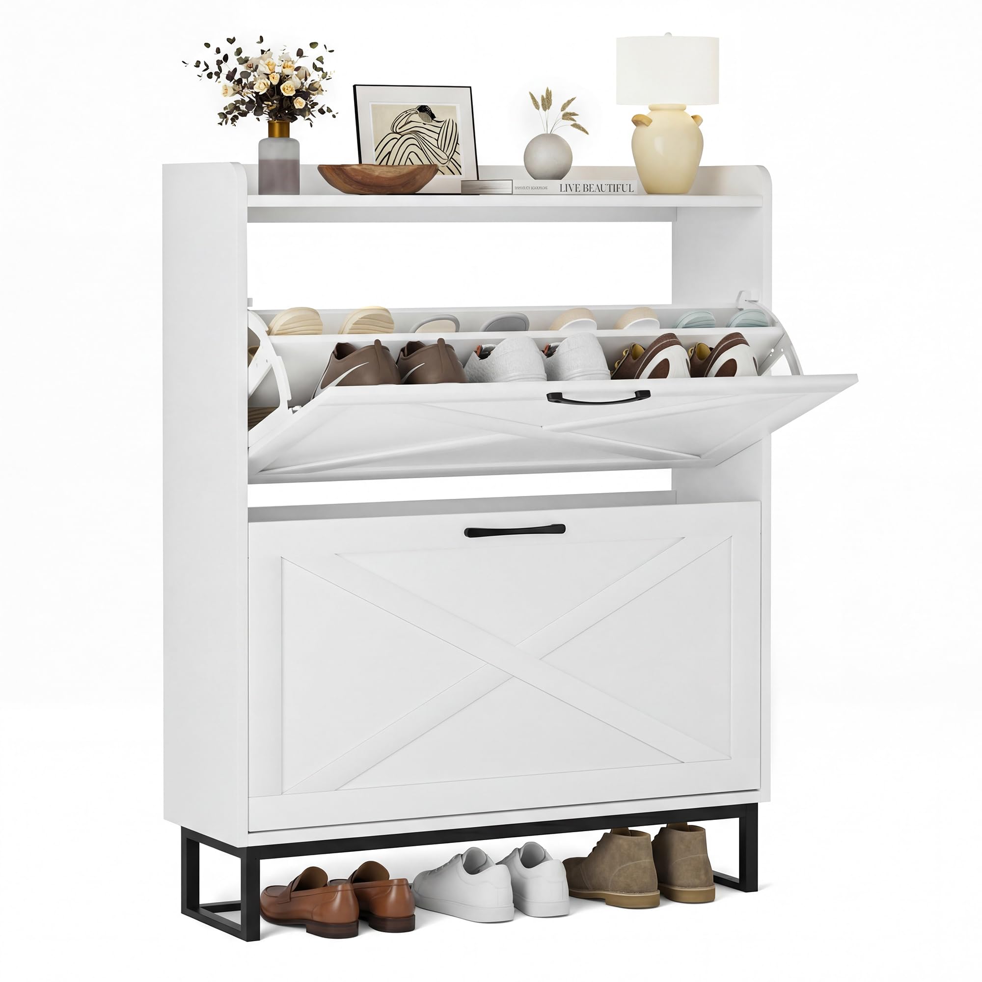 BonVache Meuble Chaussure Entree, Armoire à Chaussures étroite avec 2 tiroirs rabattables, Shelf réglable et Support métallique, adapté à la Couloir, à l'entrée et au Vestibule, Blanc