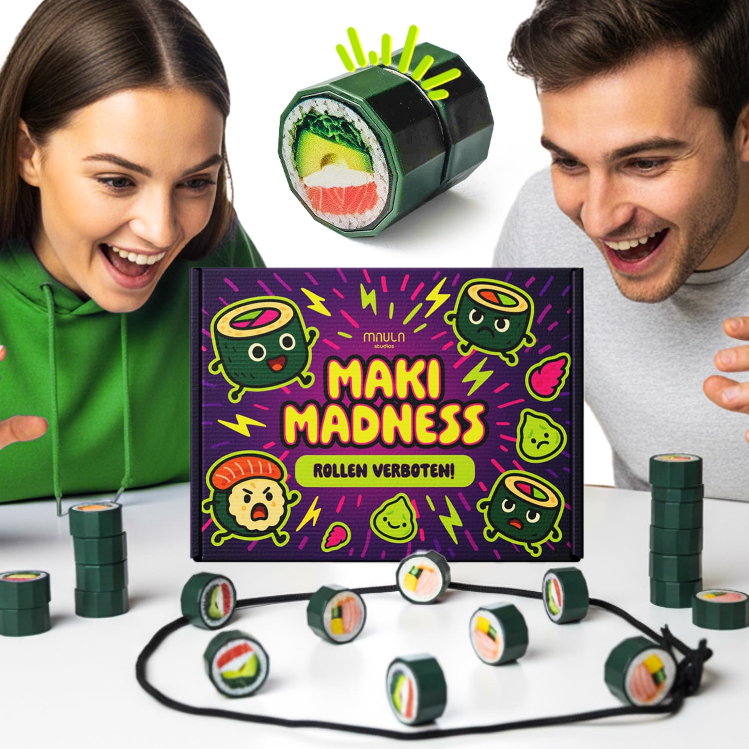 Maki Madness Gioco Magnetico – Gioco di Abilità Famiglia da 6 Anni | 20 magneti sushi, corda e scatola – gioco da viaggio, di società e regalo di compleanno, Natale – per 1-4 giocatori da 6 anni