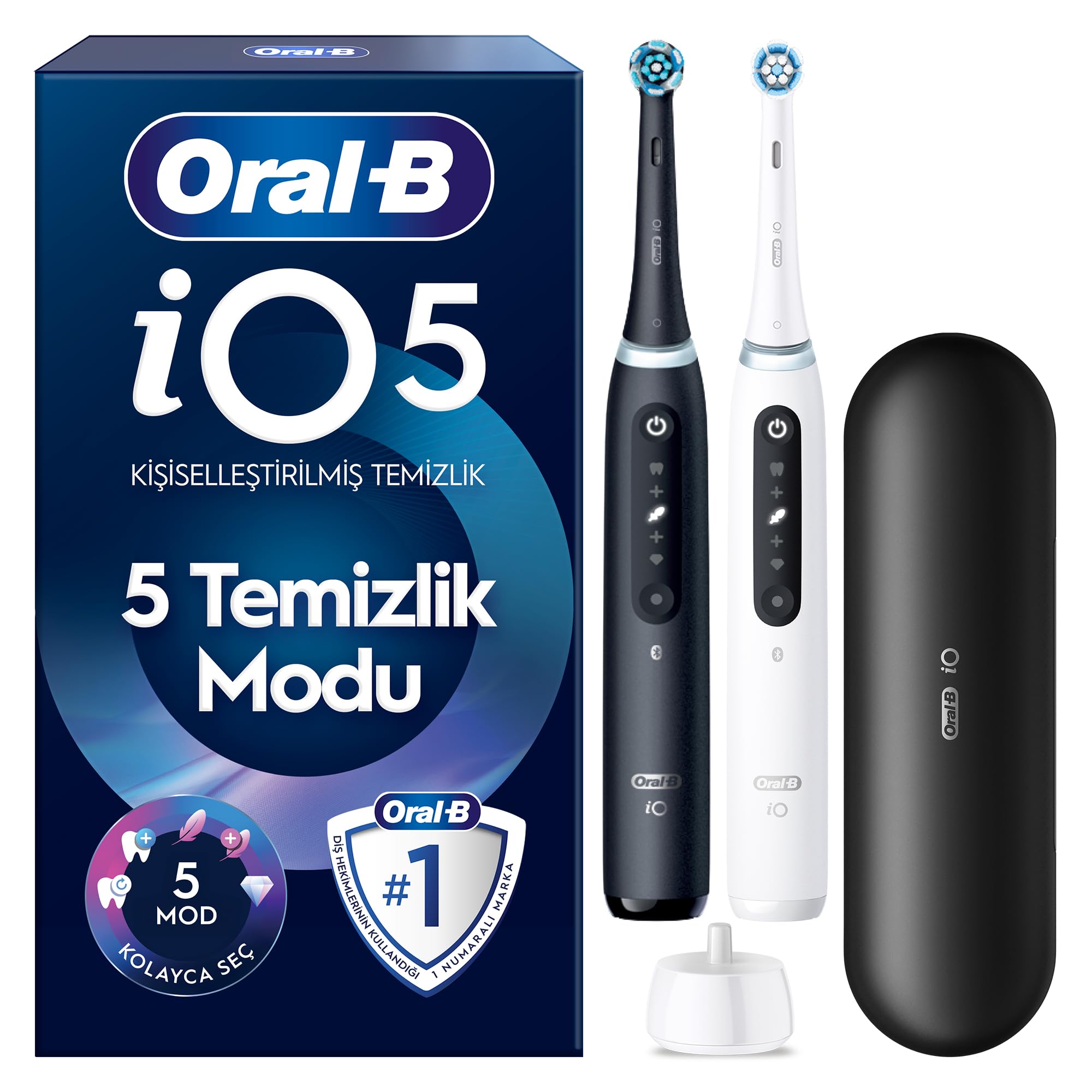 Oral-B iO5 Şarjlı/Elektrikli Diş Fırçası, 2'li Set, Mat Siyah & Beyaz, 2 Fırça Başlığı, Uzun Ömürlü Pil, Premium Seyahat Kabı