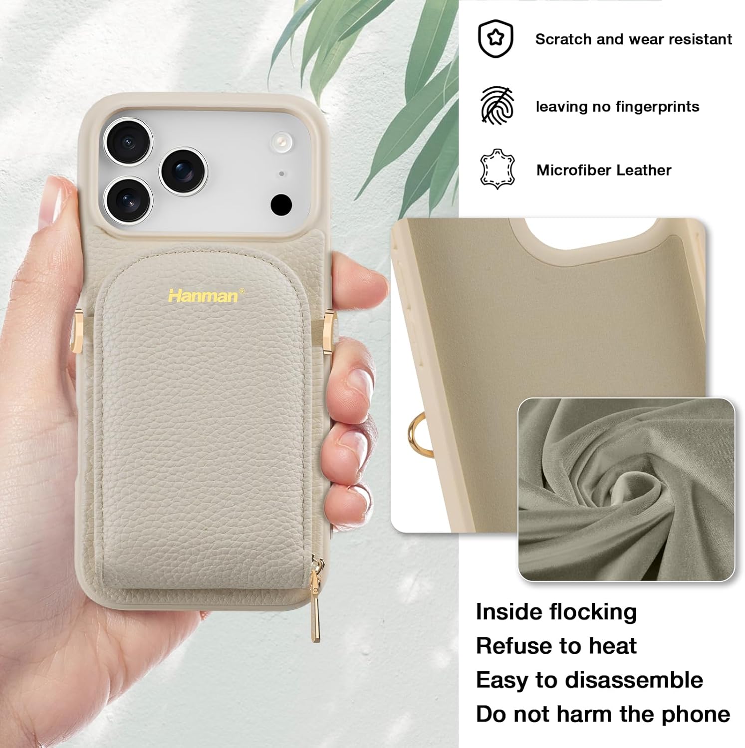 Hanman Crossbody Wallet Case for iPhone 17 Pro Max,RFID Blocking PU Leather Zipper Handbag Purse Cover Suitable for iPhone 17 Pro Max,Microfiber PU Leather Wallet Case for Woman & Girls-Beige