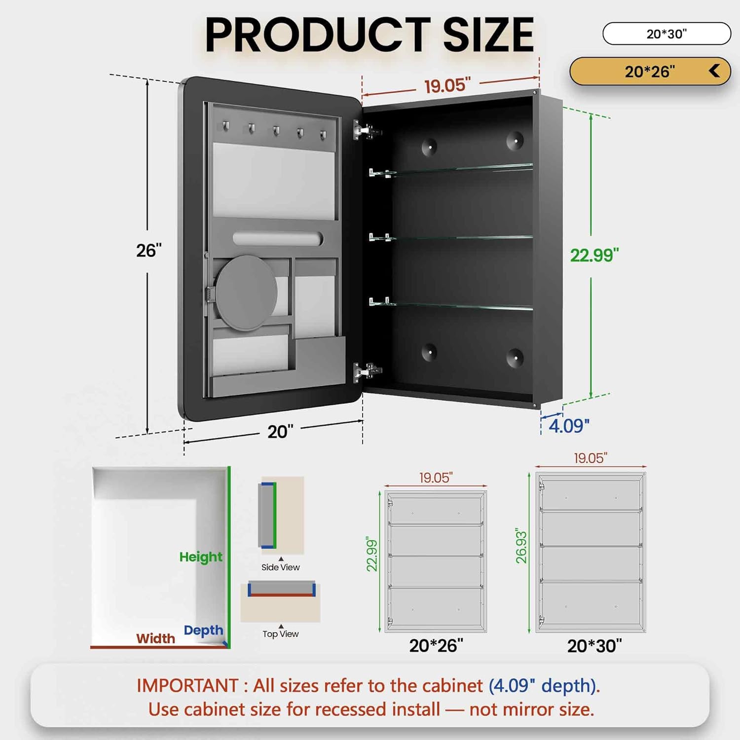 Medicine Cabinet with Mirror, 20x26 Inch Aluminum Bathroom Cabinet with Adjustable Glass Shelves, Built-in Makeup Storage, Recessed or Surface Mount, Soft Close Hinges, Matte Black Matte Black 20" x 26"