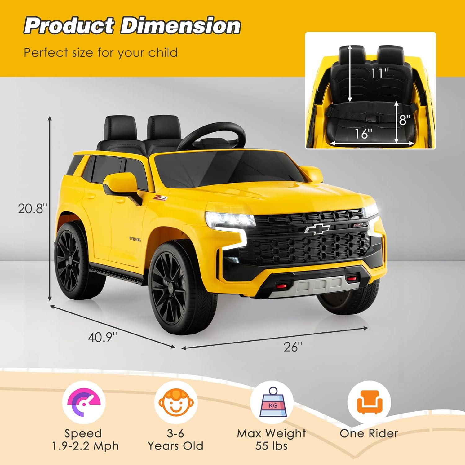 Product dimension diagram showing the length, width, and height of the ride-on car, along with icons for speed, age, max weight, and rider capacity.