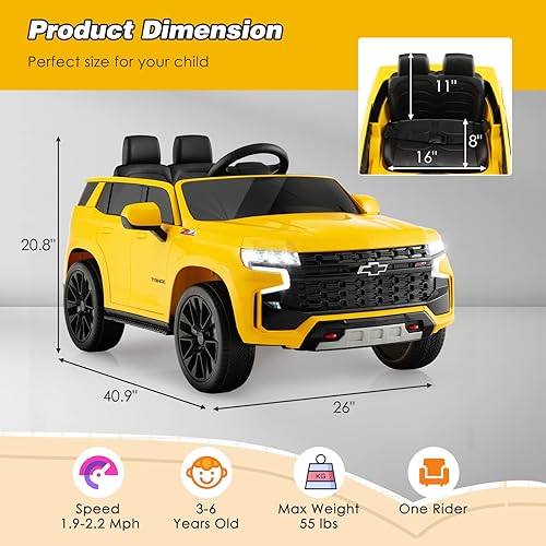 Miniatura 8 de HONEY JOY Camión para montar, vehículo SUV eléctrico todoterreno Chevrolet Tahoe de 12 V con licencia para niños, velocidad altabaja, música, luces,