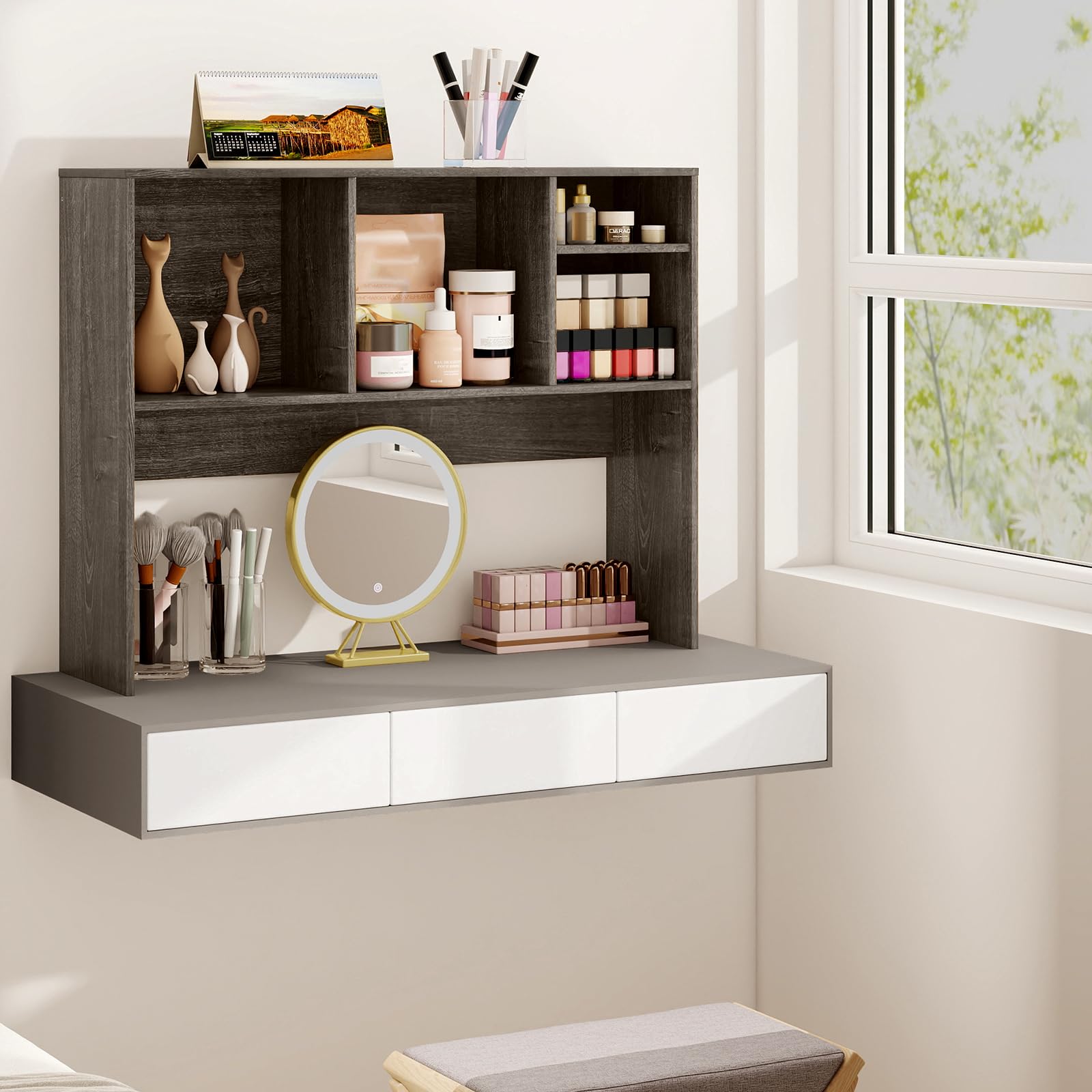 GIANTEX Schreibtisch Regal mit 4 offenen Fächern, Tischregal mit Kipp-Schutzvorrichtung & rutschfesten Pads, Aufbewahrungsregal aus Holz, 94 x 25 x 73 cm (Grau)