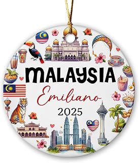 Malaysia Landmarks Christmas Ornament 2025, Personalized Malaysia Travel Souvenir Xmas Ceramic Ornament, Malaysia Culture Christmas Ornament, Customized Name Malaysia Petronas Towers Ceramic Ornament
