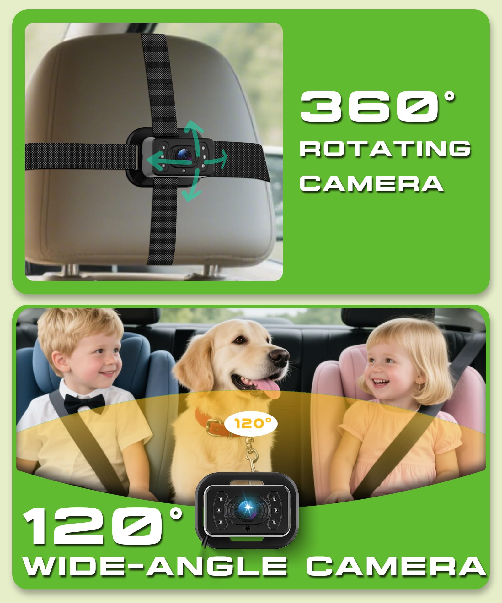 VECHTEL Sedile posteriore per bambini Doppia telecamera con schermo diviso da 6,86 pollici HD 720P, telecamera di sicurezza per seggiolino auto con visione notturna ruotabile a 360°,supporto a ventosa
