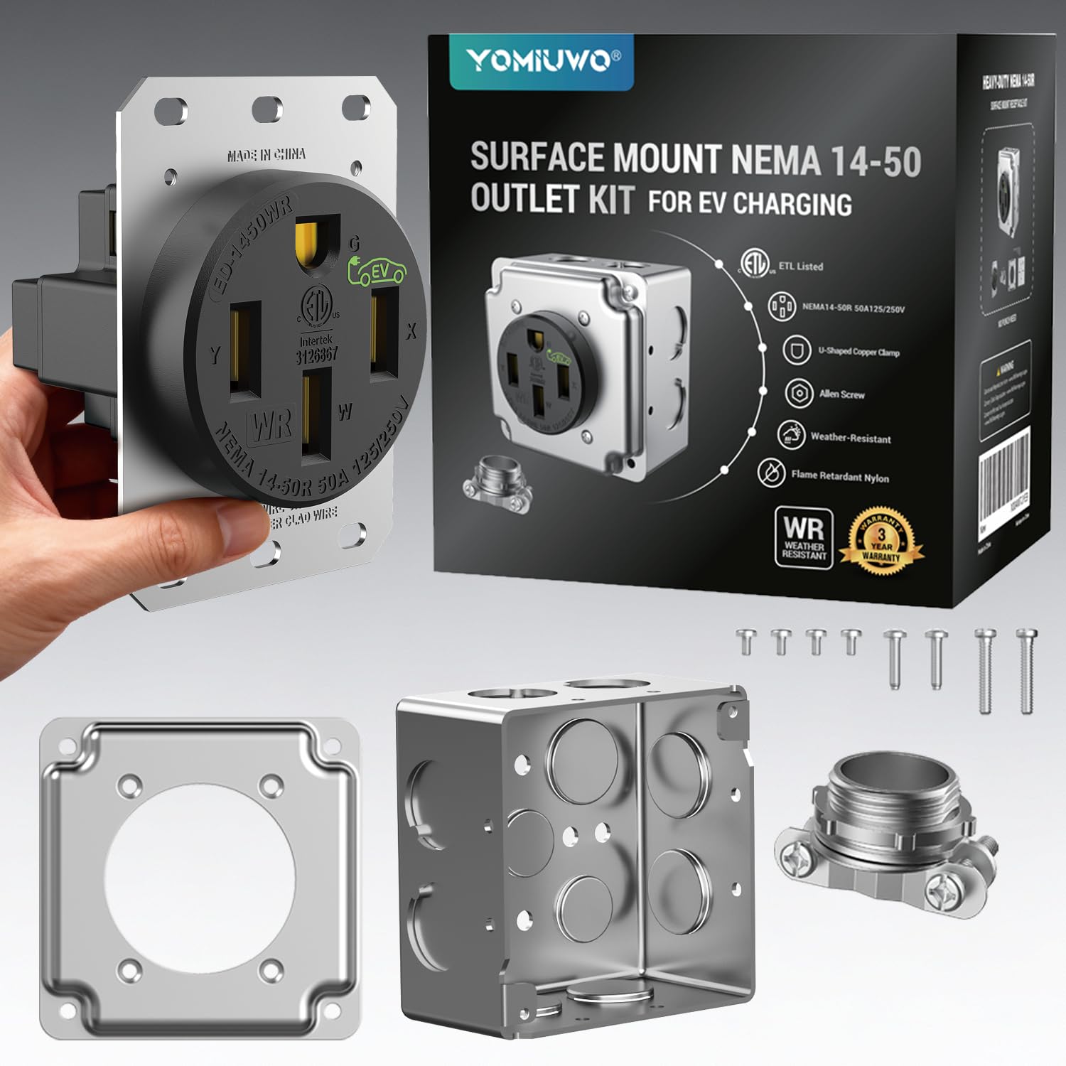 Nema 14-50 EV Outlet (Surface Mount Kit) Weather Resistant 50 Amp EV Charging Receptacle Heavy Duty,2.42" Diameter, U-Shaped Brass Clamp -Industrial Grade, 3-Pole 4-Wire Grounding, ETL Listed