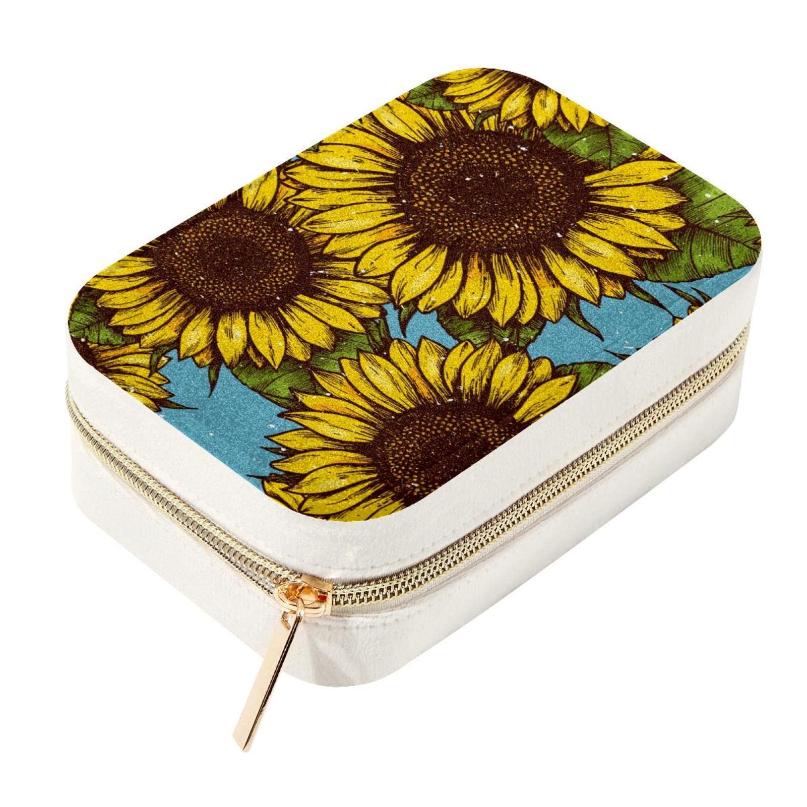 Boîte à bijoux de voyage double couche motif tournesol en cuir vintage