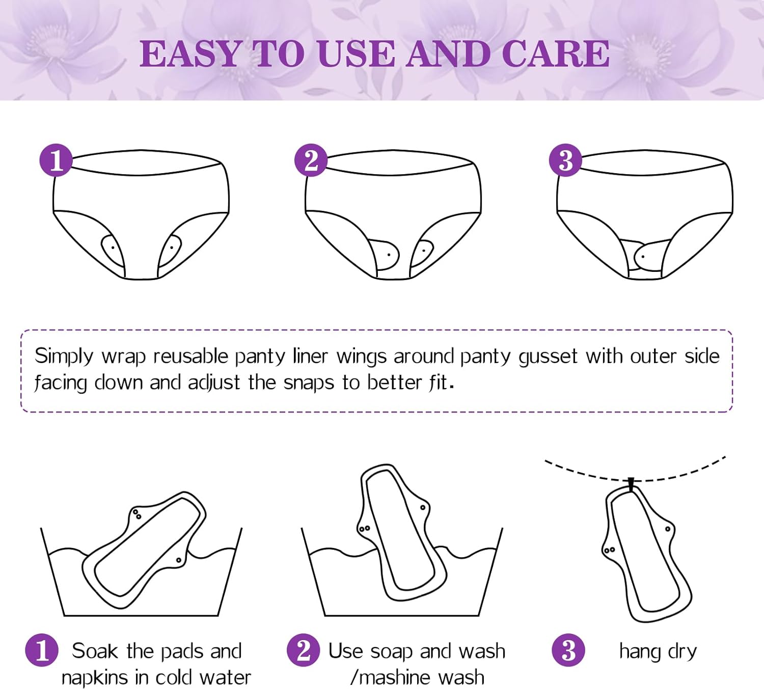 PHOGARY Reusable Menstrual Pads, Washable Overnight Cloth Panty Liners, 7pcs Bamboo Cloth Large Sanitary Pads for Heavy Flow with 1pc Wet Bag - Image 7