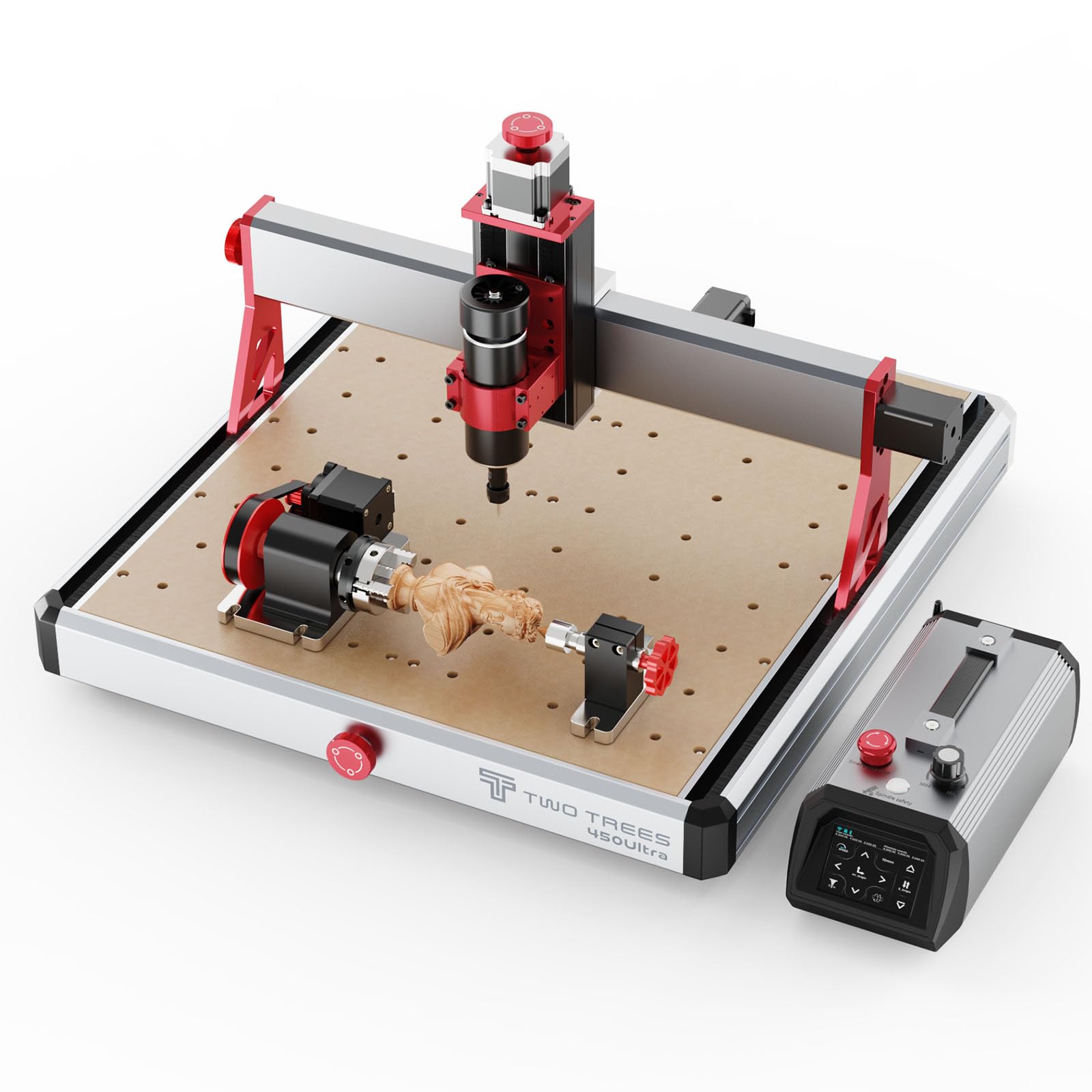 Twotrees TTC450 Ultra 500 W frezarka CNC jest wyposażona w 4 osie, 90% obrotowe rolki i fabrycznie zainstalowaną maszynę do grawerowania CNC z ekranem dotykowym 3,5 cala