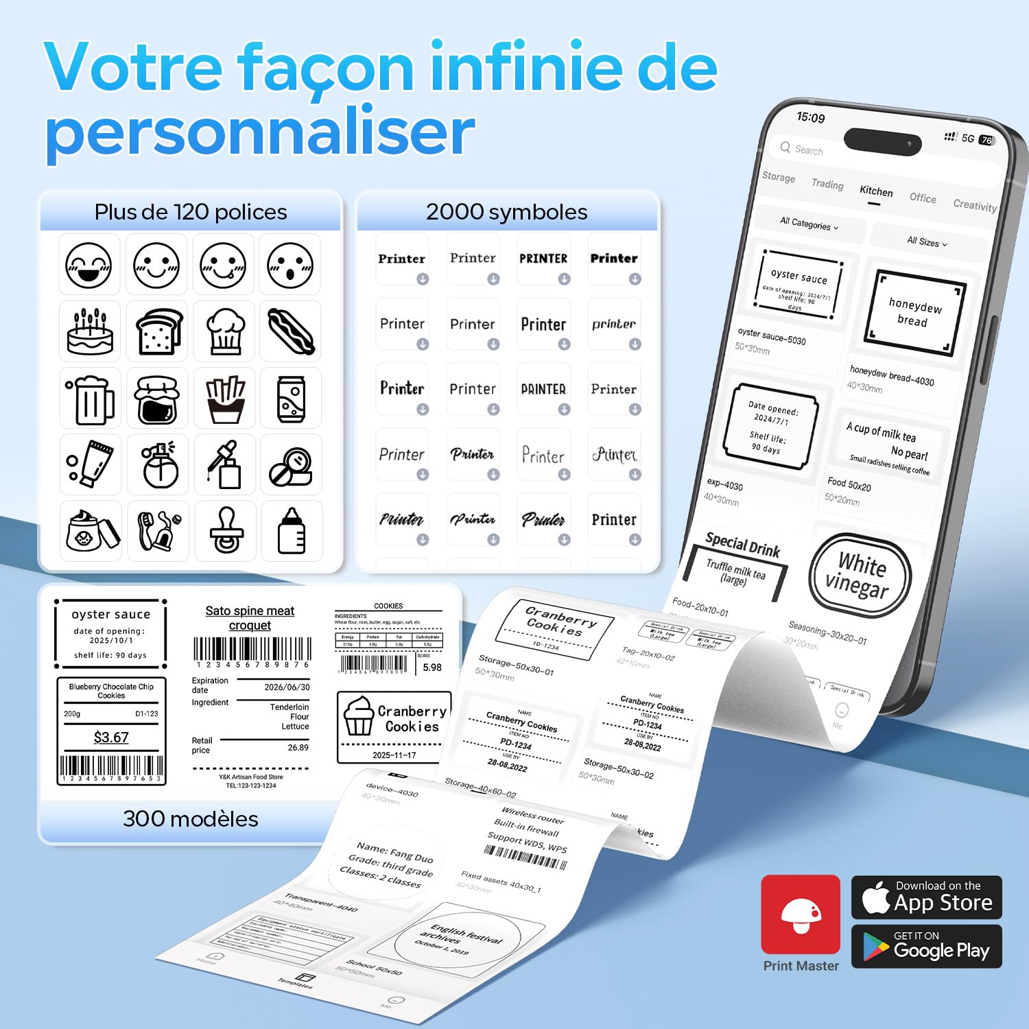 Memoking Imprimante d'étiquettes Bluetooth, portable, autocollante, avec 2000 symboles et 300 modèles, pour le commerce de détail, les petites entreprises, le bureau et la maison