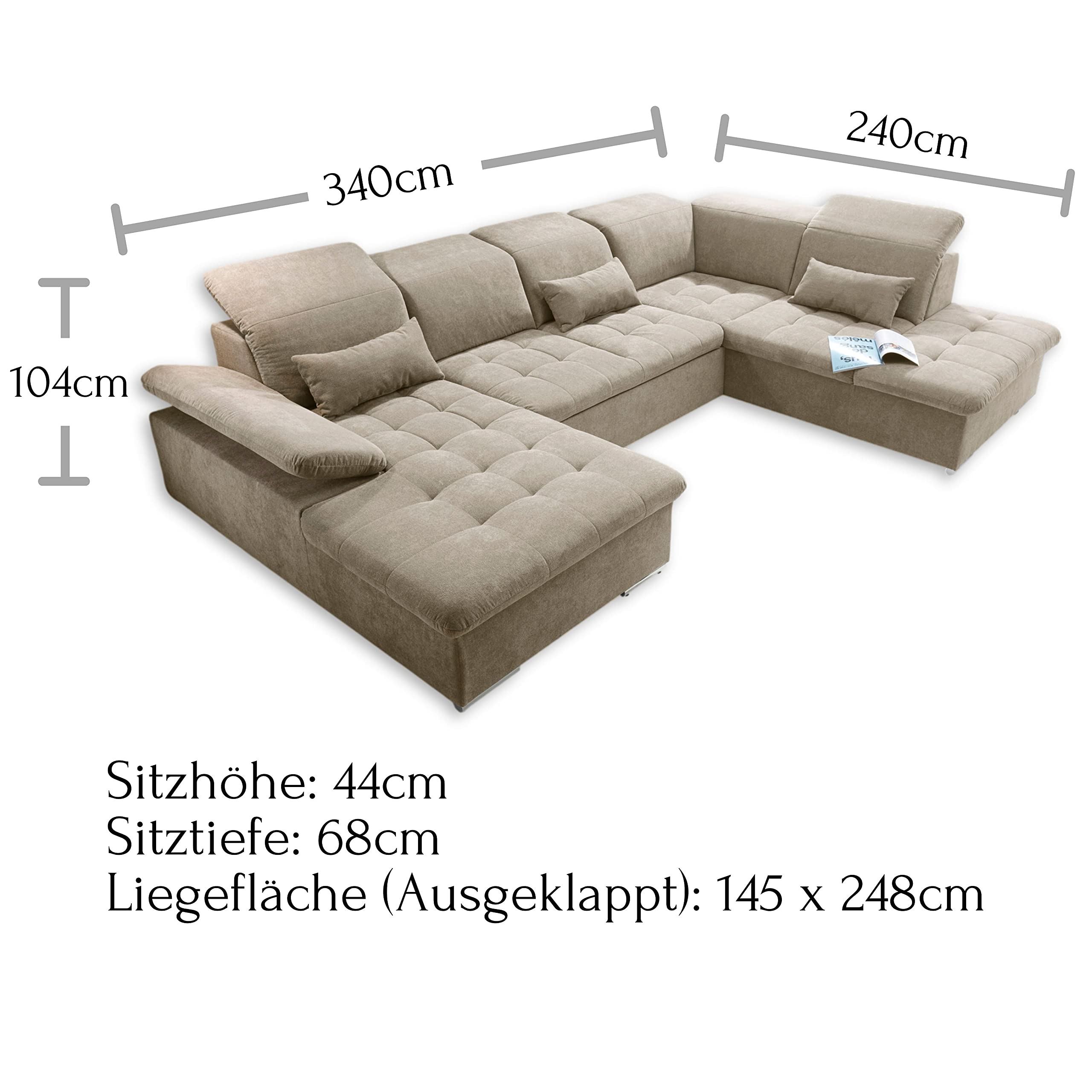 Stella Trading WAYNE Wohnlandschaft in U-Form, Stoffbezug Sand - Ausziehbares Sofa mit Schlaffunktion & Bettkasten - 340 x 81 (104) x 188 (240) cm (B/H/T)