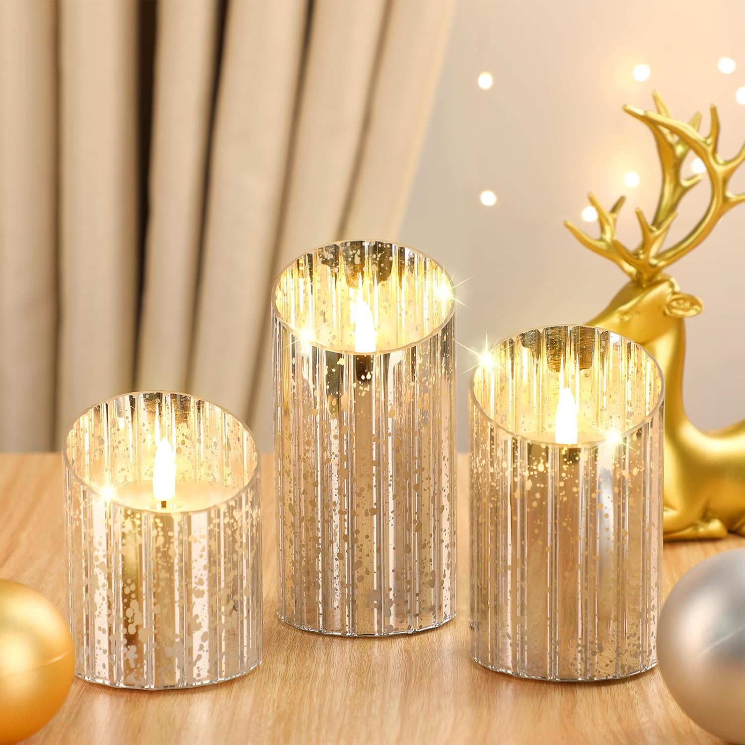 Glooglitter 3 Pcs Christmas Flameless Candles Silver Faux Mercury Glass Battery Operated LED Flickering Pillar Candle Warm White Light for Christmas Holiday Rustic Table Home Decor Weddings Party