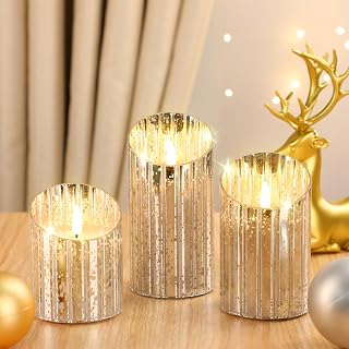 3 Pcs Flameless Silver Faux-Mercury Glass Pillar Candle Flickering Warm White Light for Women Summer Home Decor Weddings Parties and Romantic Atmosphere