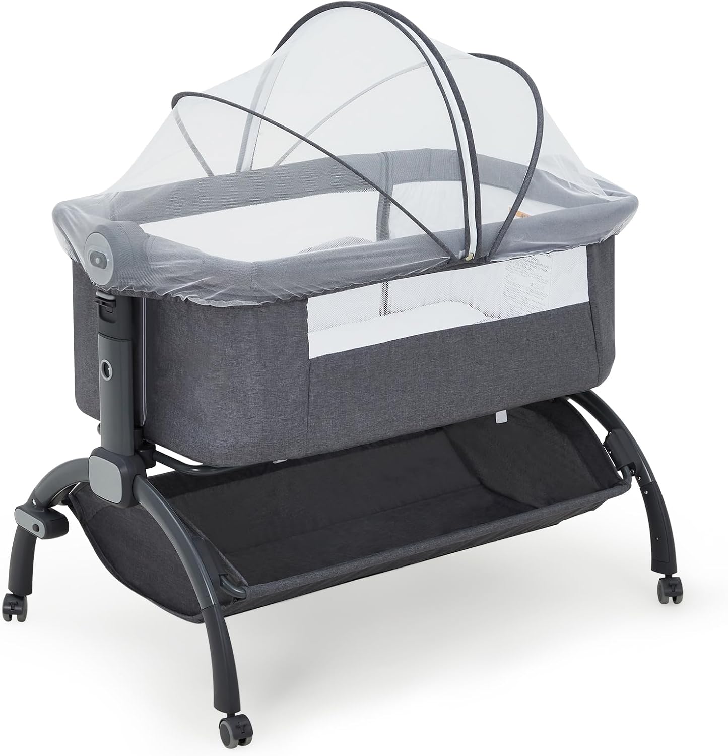 GarveeHome 3-in-1 Baby Crib, Adjustable Bedside Sleeper with Wheels & Mosquito Net, Portable Bassinet Bassinet, Breathable Fabrics for Newborn to Toddler, Home Use, Dark Grey