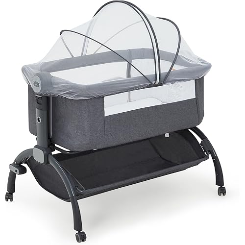 Bedside Bassinet Baby Bassinet, 3 in 1 Bedside Sleeper with Baby Co-Sleeper Travel Crib with Detachable Mosquito Net & Storage Basket | Adjustable Height, Wheels Included