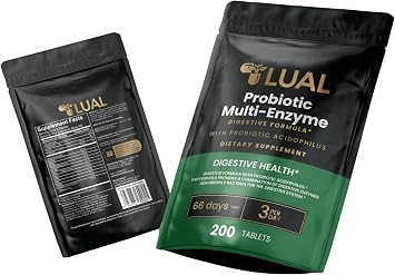 LUAL Probiotic Multi-Enzyme for Digestive Health. Probiotic + Digestive Enzymes for Women & Men. Lactobacillus Acidophilus, Bromelain, Papain | 200 Tablets 66 Days Supply