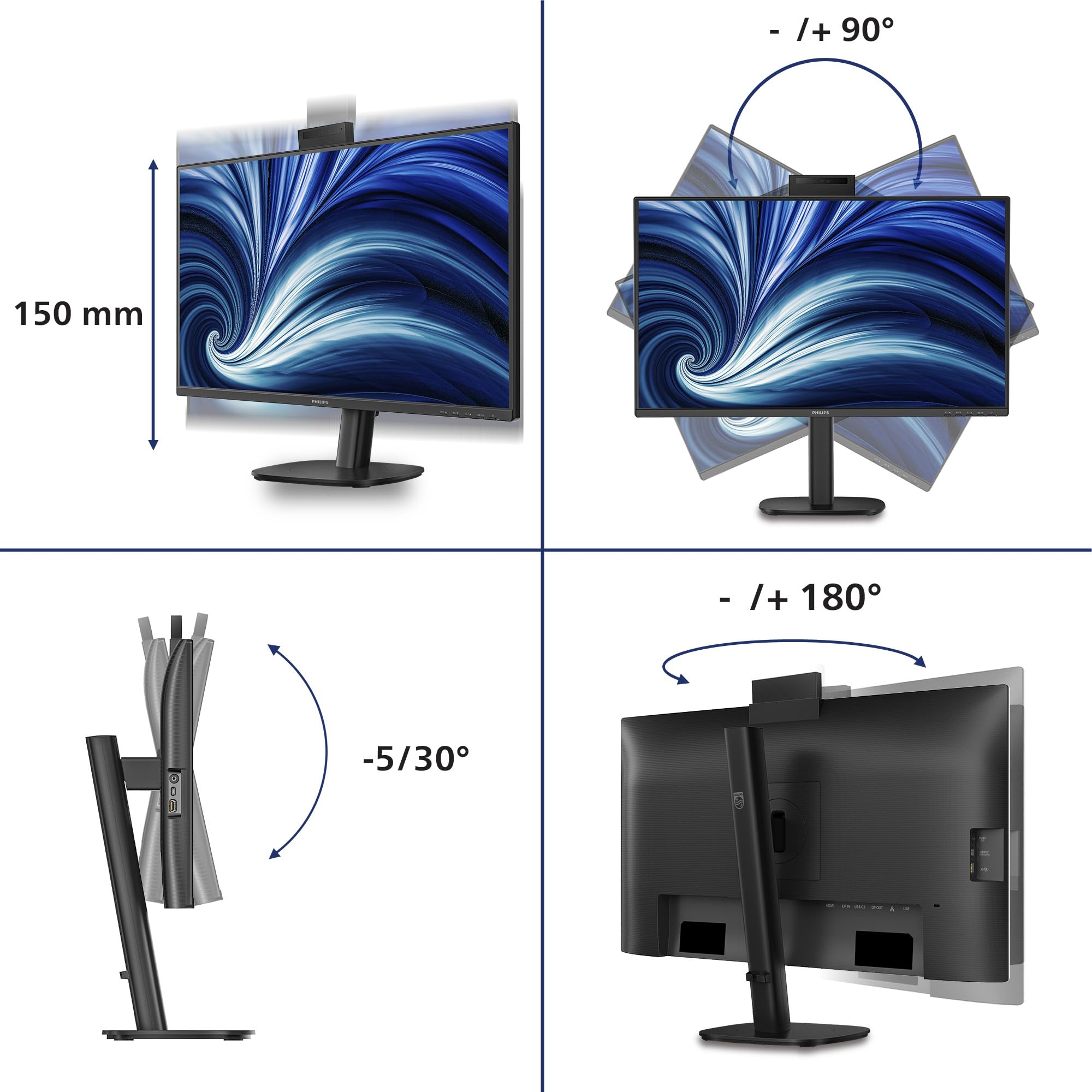 Philips Monitor 27B2U3601H 27-calowy panel WQHD 120 Hz IPS, 4ms GtG, regulacja wysokości, kamera internetowa, głośniki, hub USB (2560x1440 HDMI 1x 2.1 TMDS DP 1x 1.4) Czarny
