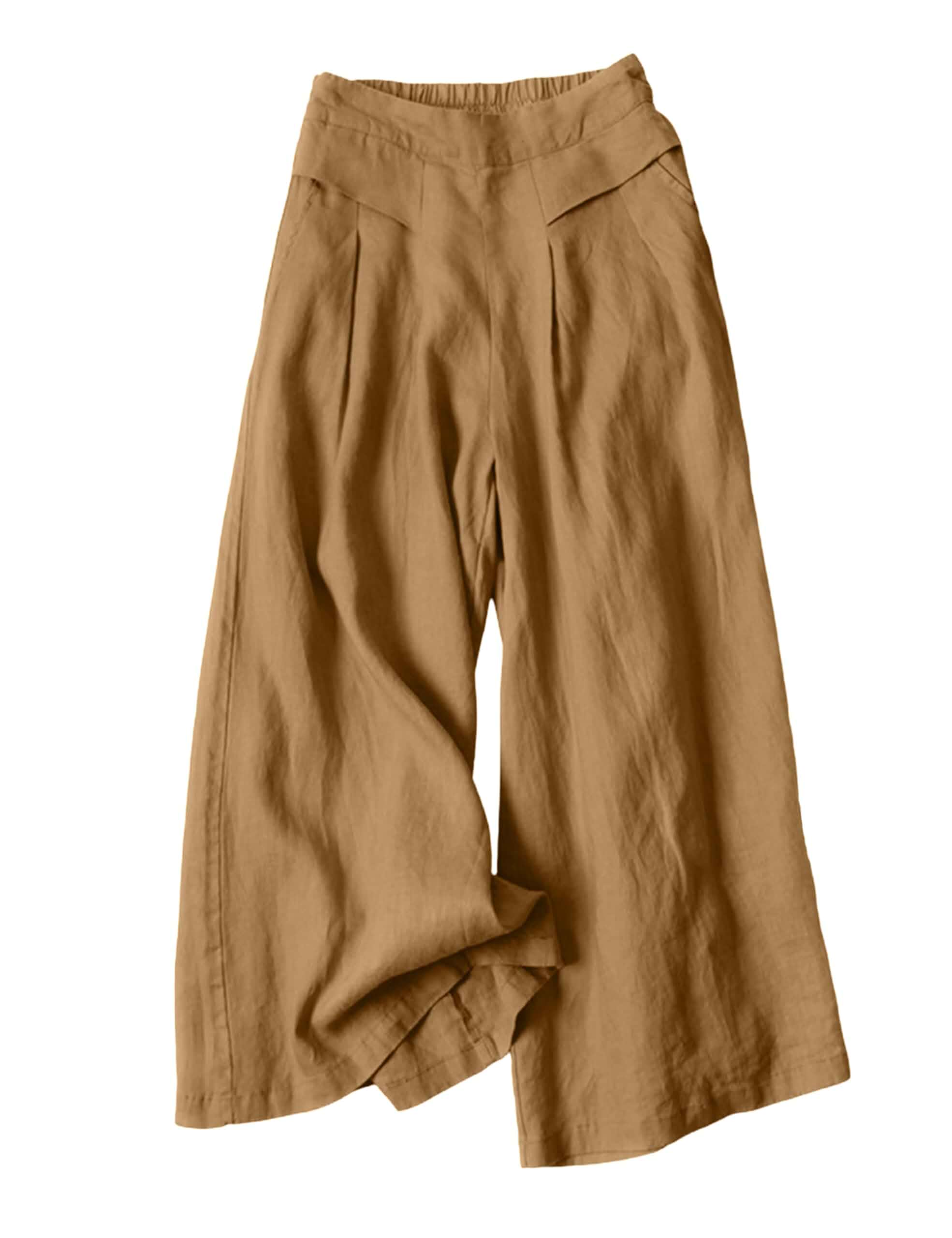 SCUSTY Linen Pants for Women Culottes Capris Wide Leg Palazzo Boho Pants Trousers Regular