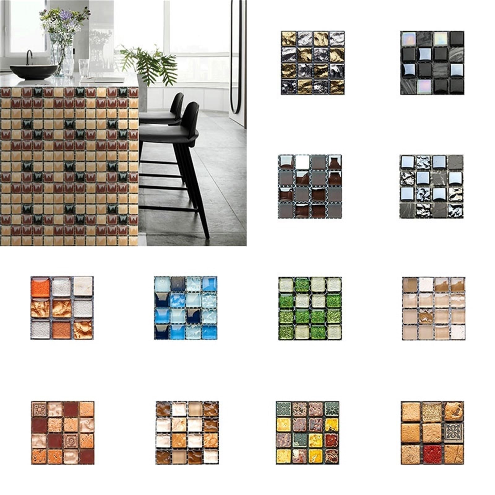 Wall Tile Sticker Tile Stickers 10pcs Waterproof Self Adhesive 3D Mosaic Wall Decal Kitchen Bathroom Wallpaper Small Lattice Crystal Sticker Glass(Color2)