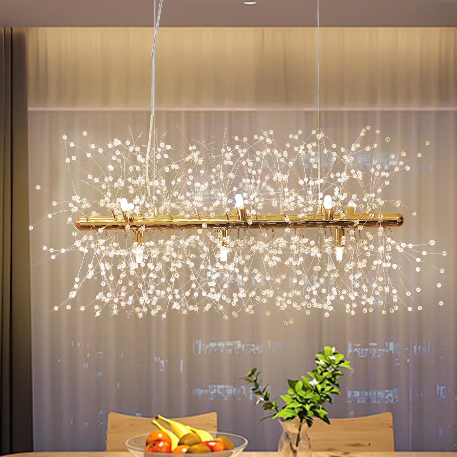 27.6 Inch Firework Chandelier Gold, Modern Crystal Chandeliers Firework, 9 Lights Linear Dandelion Dining Room Lighting Fixtures for Kitchen Island Home Bar, Included G9 Bulbs