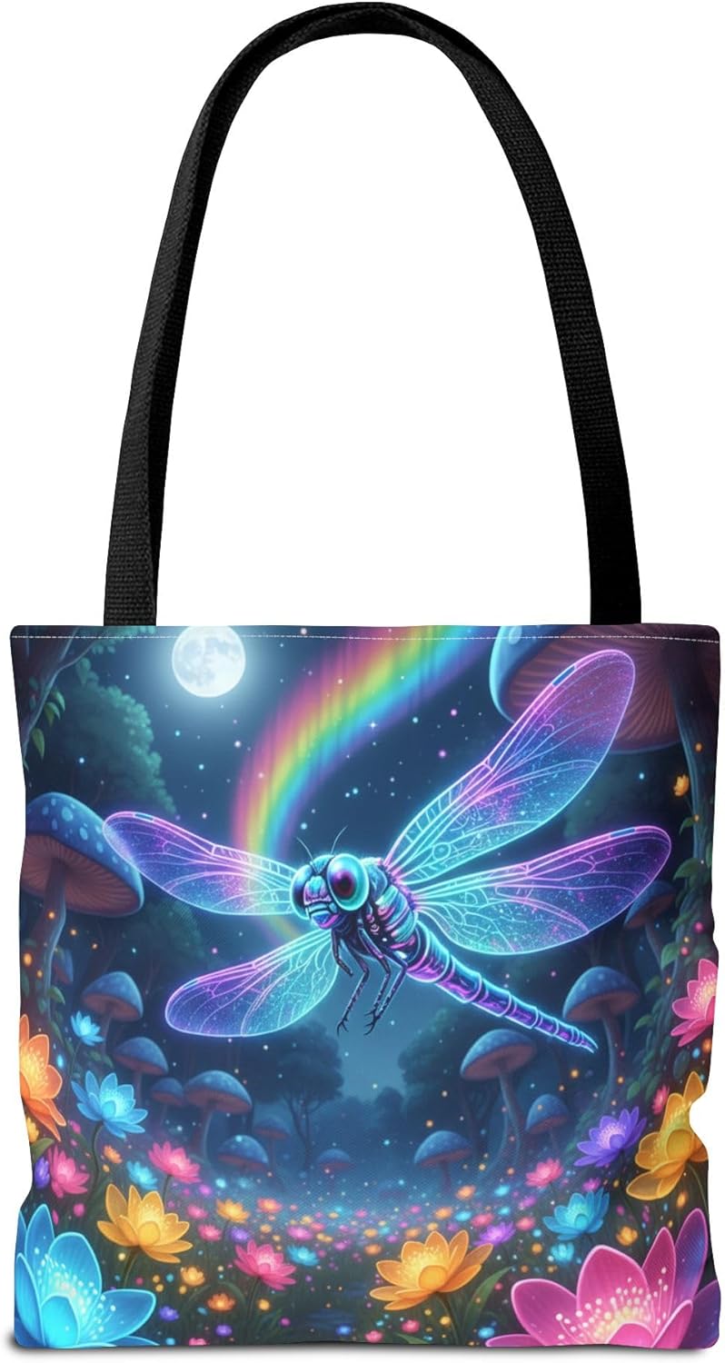 Premium Neon Dragonfly Tote Bag with Reinforced Stitching - Luminous Flowers Design