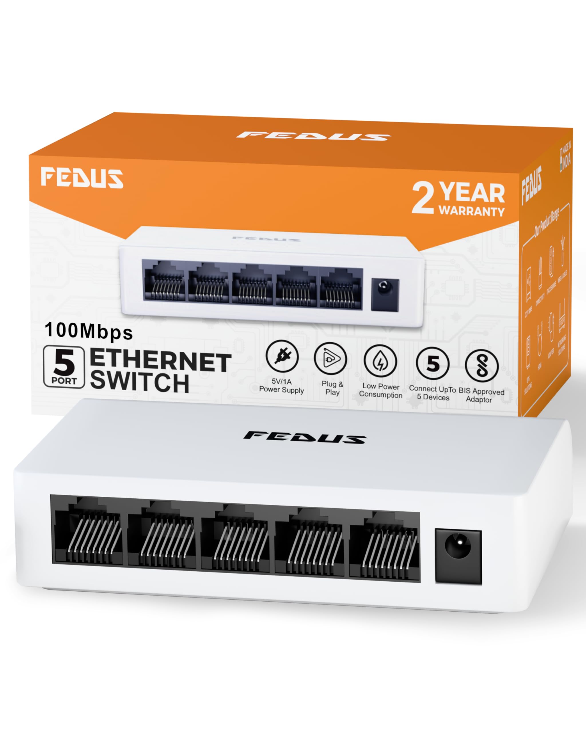FEDUS Ethernet Switch, 10/100Mbps 5 Port Gigabit Ethernet Splitter, Plug & Play, Desktop Network Switch Hub, Unmanaged, Compact, with LED, Fanless Quiet, for Internet Cable, Laptop, Router, NAS