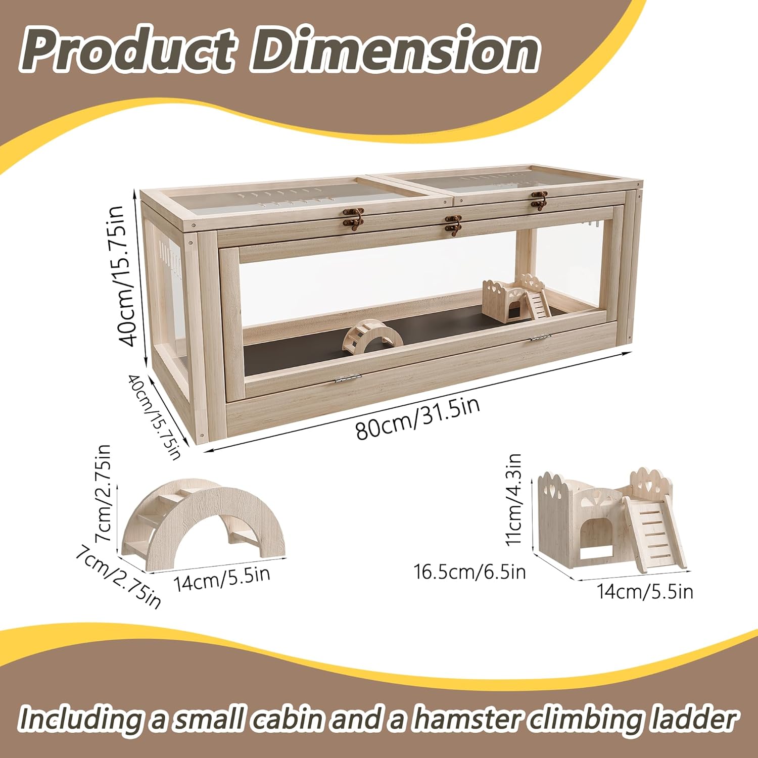 Wooden Hamster Cage with Small House and Bridge, Small Animal Habitat with Lockable Design, Openable Top and Front Doors for Gerbil, Guinea Pig, Rat, 32" L x 16" W x 16" H