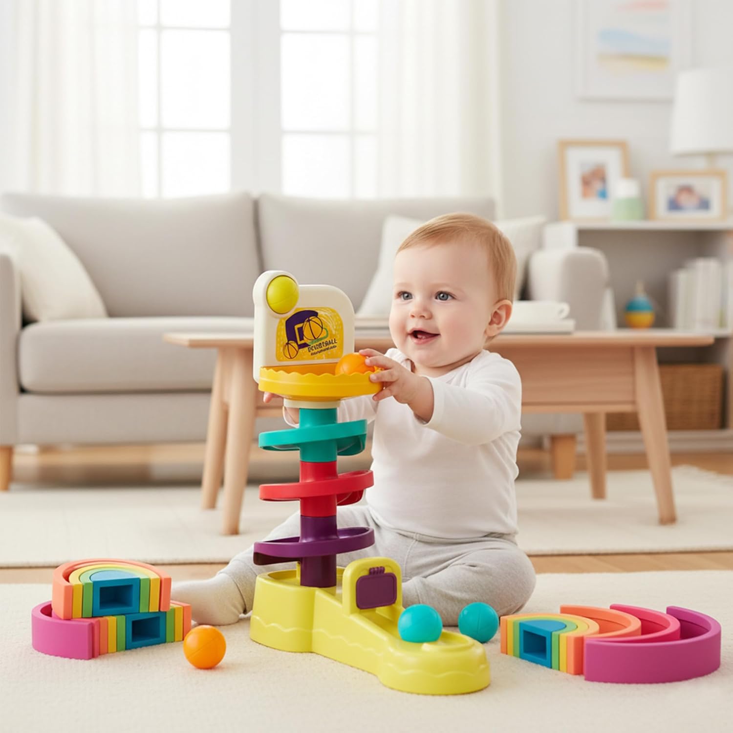 Silicone Rainbow Stacker 7PCS + Montessori Ball Drop Toy, Soft Nesting Blocks Sensory Stacking Toys, 2-in-1 Educational Set for Creative Play & Learning, Babies & Toddlers