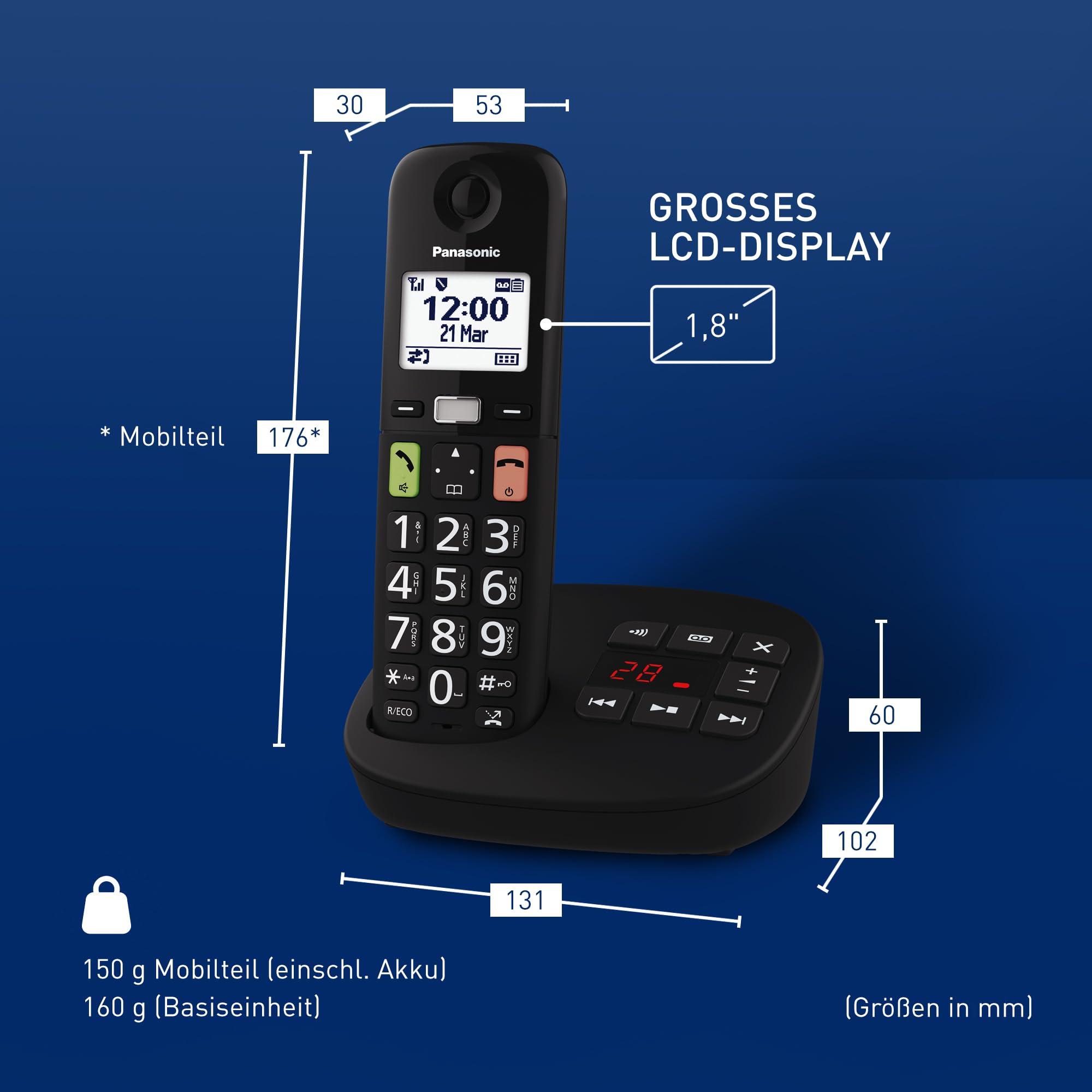 Panasonic KX-TGU130EXB digitales schnurloses Telefon mit Anrufbeantworter, Basisstation & 1 Mobilteil, LCD-Display, große Tasten, Schwarz