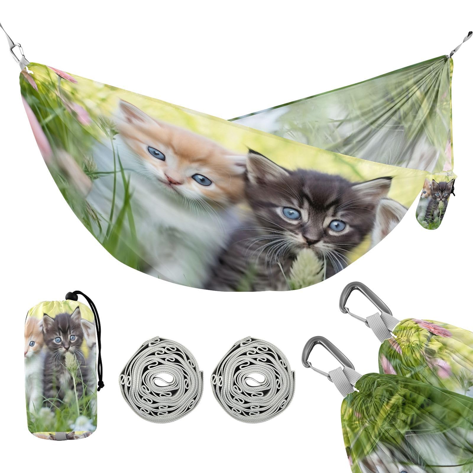 SDMKA Kittens in The Grass Camping Hammock, 330 lbs with 2 Tree Straps, Carry Bag, Single Portable Hammock for Outdoor/Indoor, Hiking, Beach, Backpacking, Travel