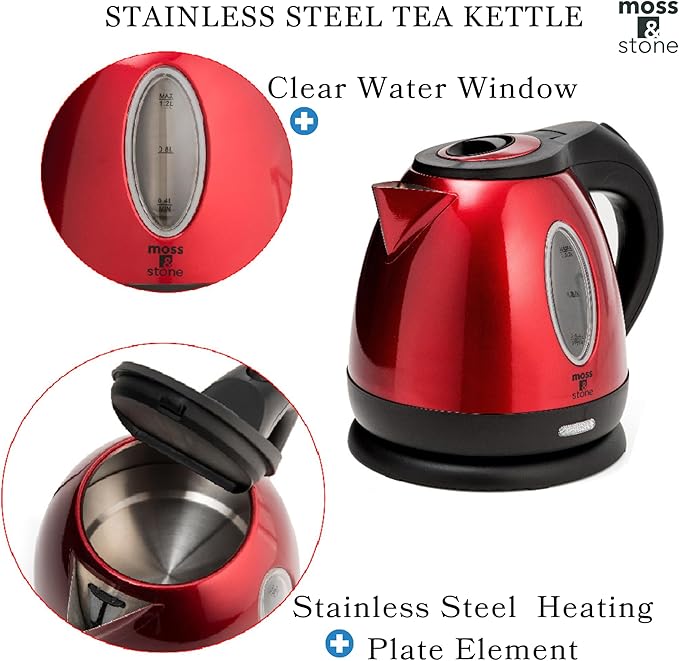Tetera Eléctrica Moss & Stone 1.2L Acero Inoxidable Roja 1500W miniatura 6