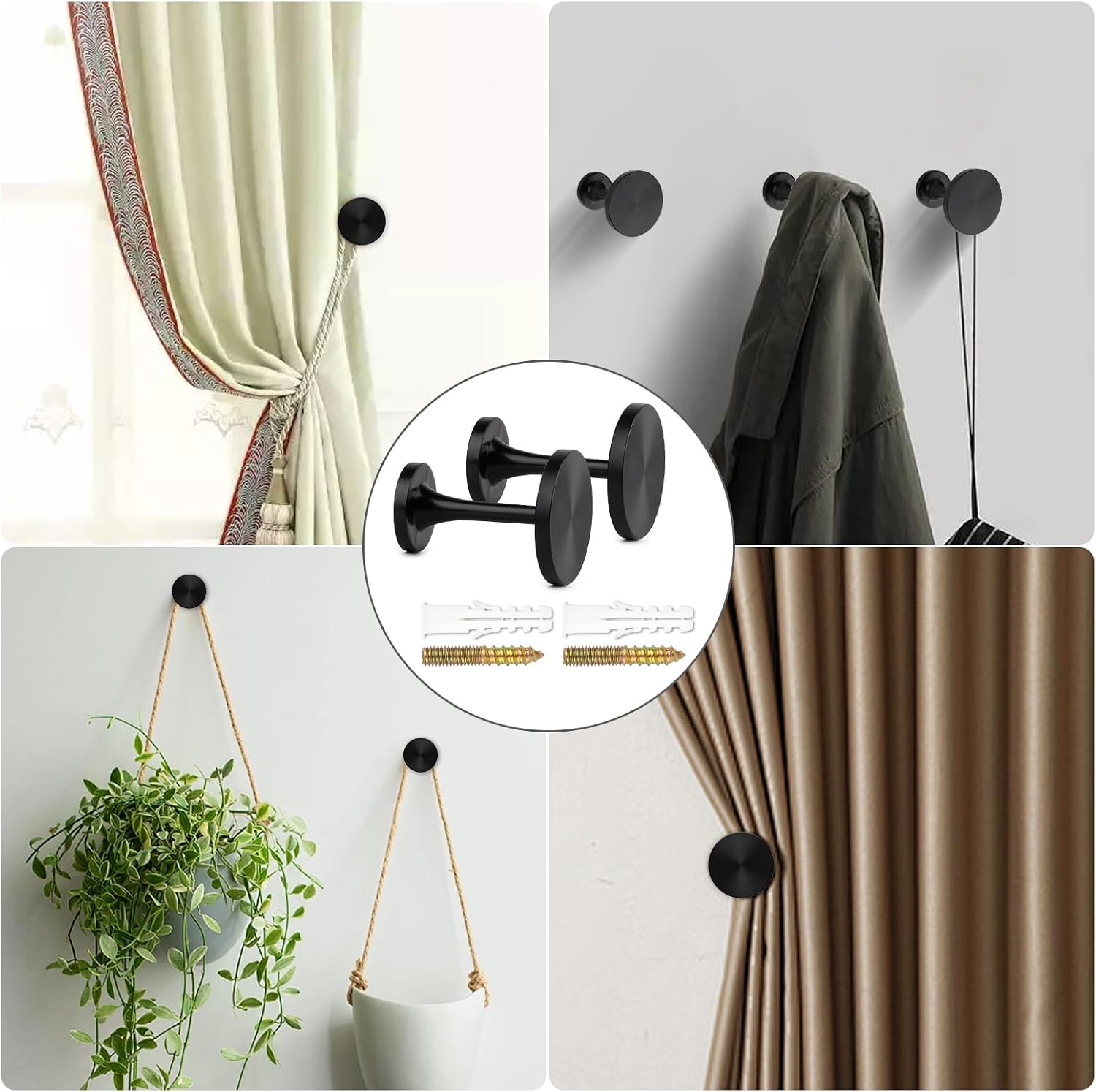 ​2 Pack Black Curtain Tiebacks,Wall Mounted Zinc Alloy Holdbacks with Screws, Decorative Metal Hooks,Curtain Holders for Drapes and Window Treatments in Home or Office