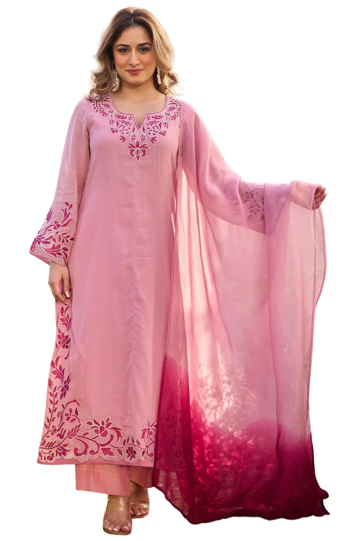 gosriki Kurta Sets for Women Viscose Embroidered | Kurti Set for Woman | Straight Kurta Palazzo Dupatta Set | 3 Piece Set Women | Round Neck V-Slit Full Sleeve Stylish Ethnic Outfit Clothing-picture-28