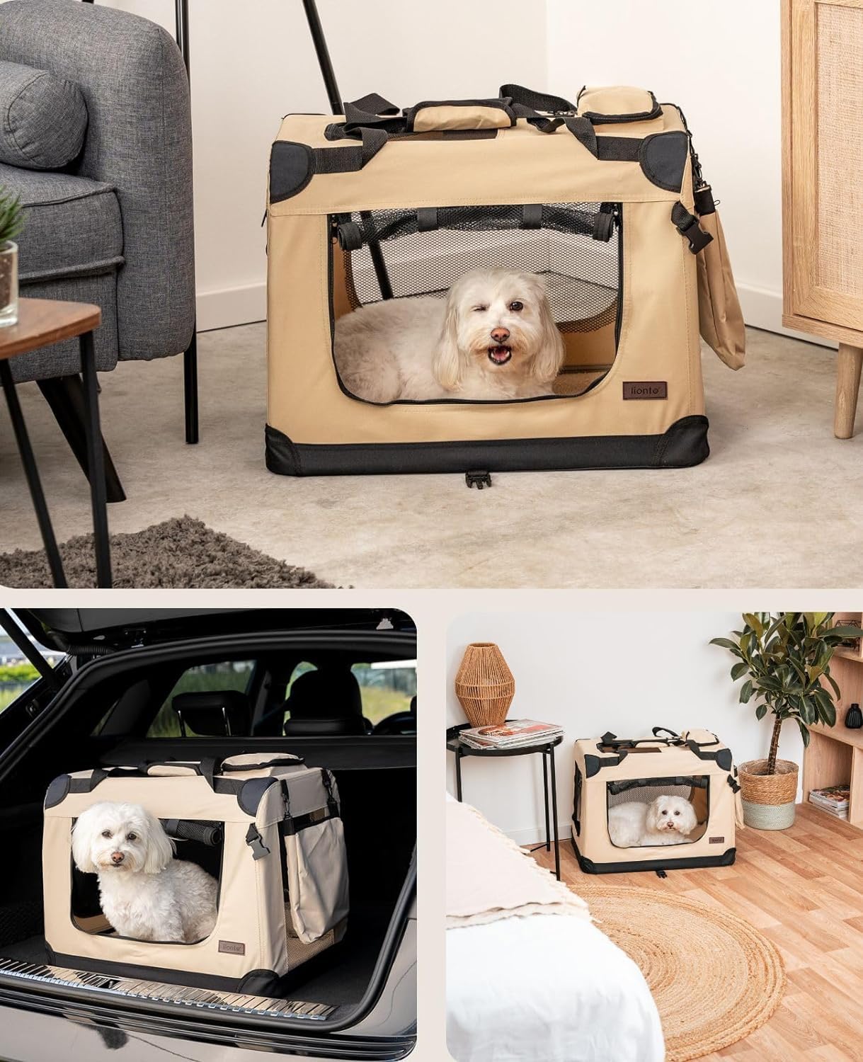 lionto Borsa Trasportino per Cani Scatola pieghevole per Animali Borsa per Cani, (M) 60x42x44 cm Beige