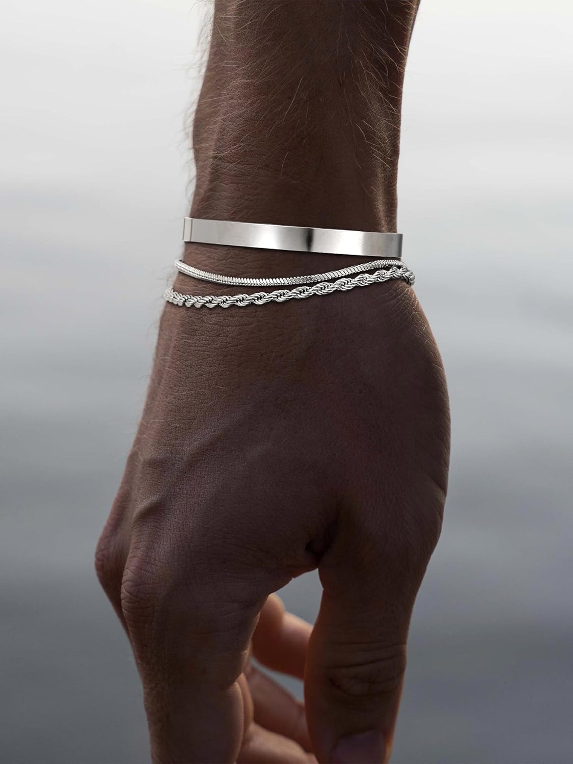Mens Bracelet, Dainty Silver Plated Bracelets for Men Non Tanish Fashion Mens Jewelry Simple Cuban Snake Rope Link Bangle Chain Bracelet Mens Accessories 6.5/7/7.5/8/8.5/9 In - Image 4