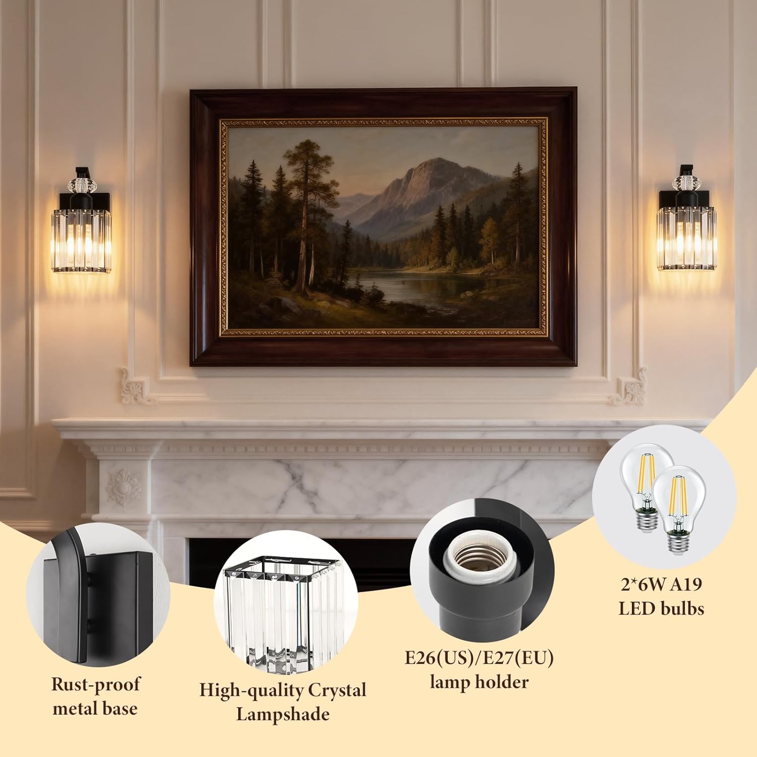 Wall Sconces Set of 2, Black Wall Sconce with Crystal Lampshade, Modern Vanity Lights for Bathroom, Wall Lights for Living Room Bedroom, Includes 2 LED Bulbs
