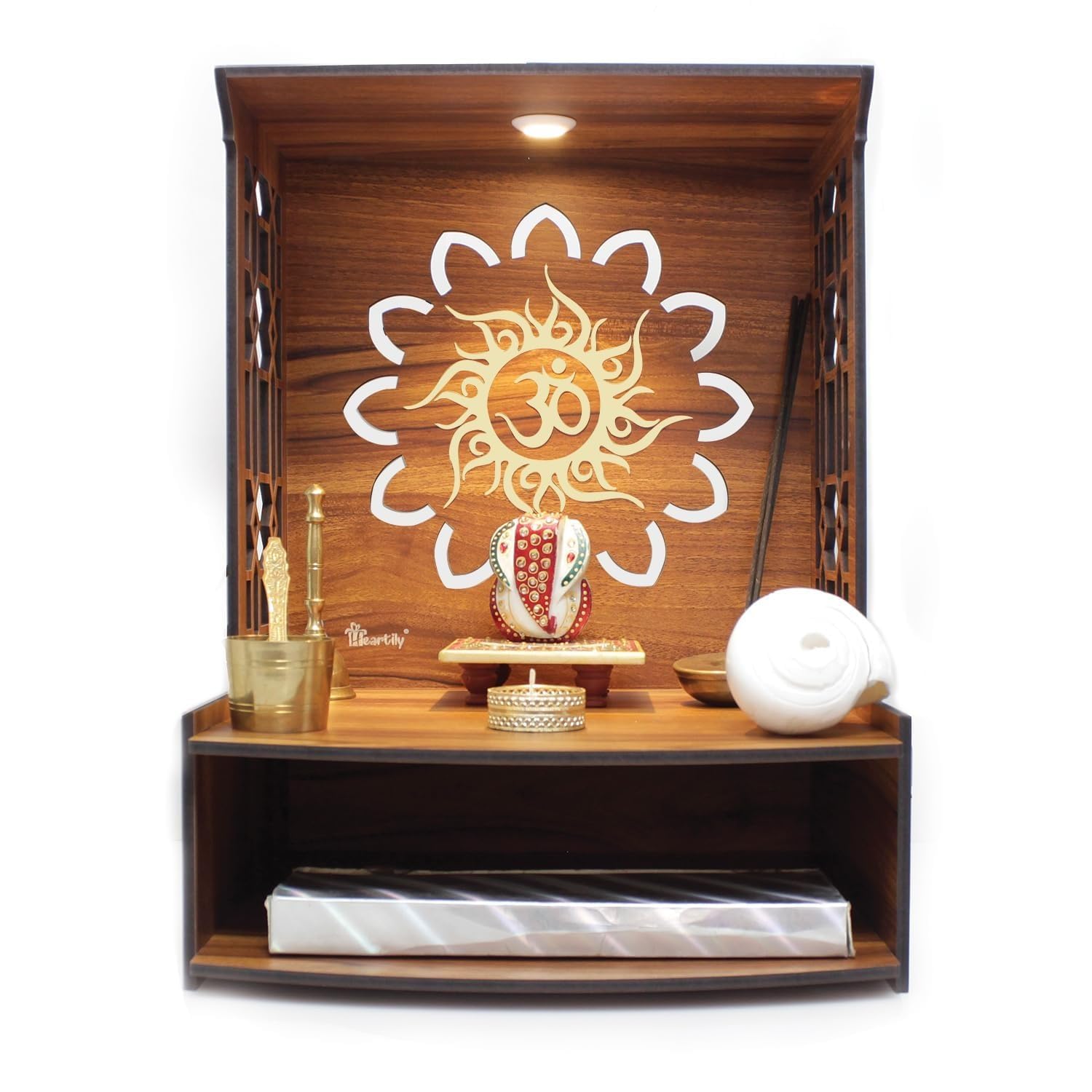 Shyam Furniture UDYOG Wooden Wall Mounted Pooja Mandir with Om Lotus Design | Brown Finish (OM Design Temple)-image-38