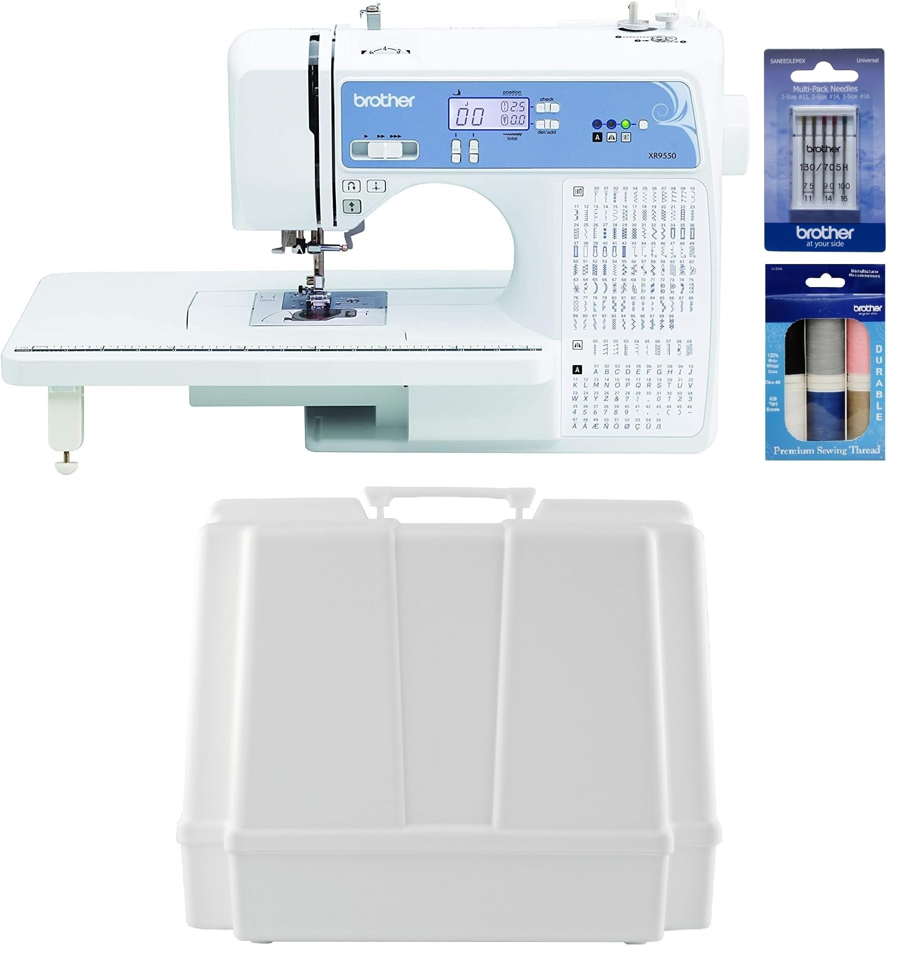 Brother XR9550 Computerized Sewing and Quilting Machine, 165 Built-In Stitches, Wide Table, Hardcase for Carrying and Storage, Premium Sewing Thread 6-Pack and 5-Piece Sewing Machine Needles