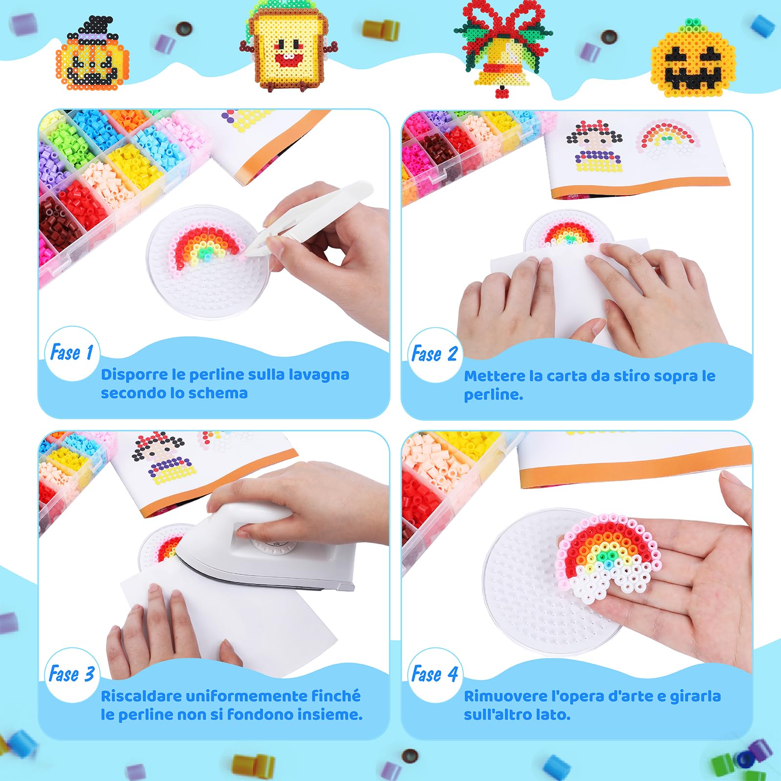 JelyArt Kit Perline a Fusione 12000 Pezzi 36 Colori 5MM con Mini Ferro da Stiro, Piastre per Pyssla, Carta da Stiro, Modelli, Set Perline Hama per Bambini Regalo
