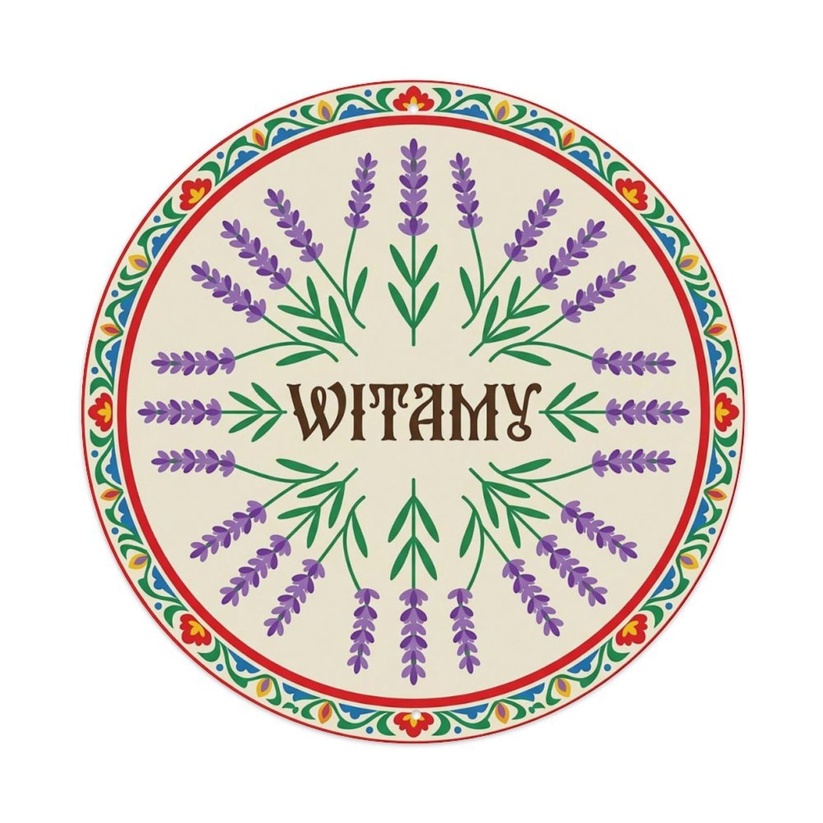 Vintage Polish Folk Art Witamy Welcome Lavender Purple Metal Tin Sign