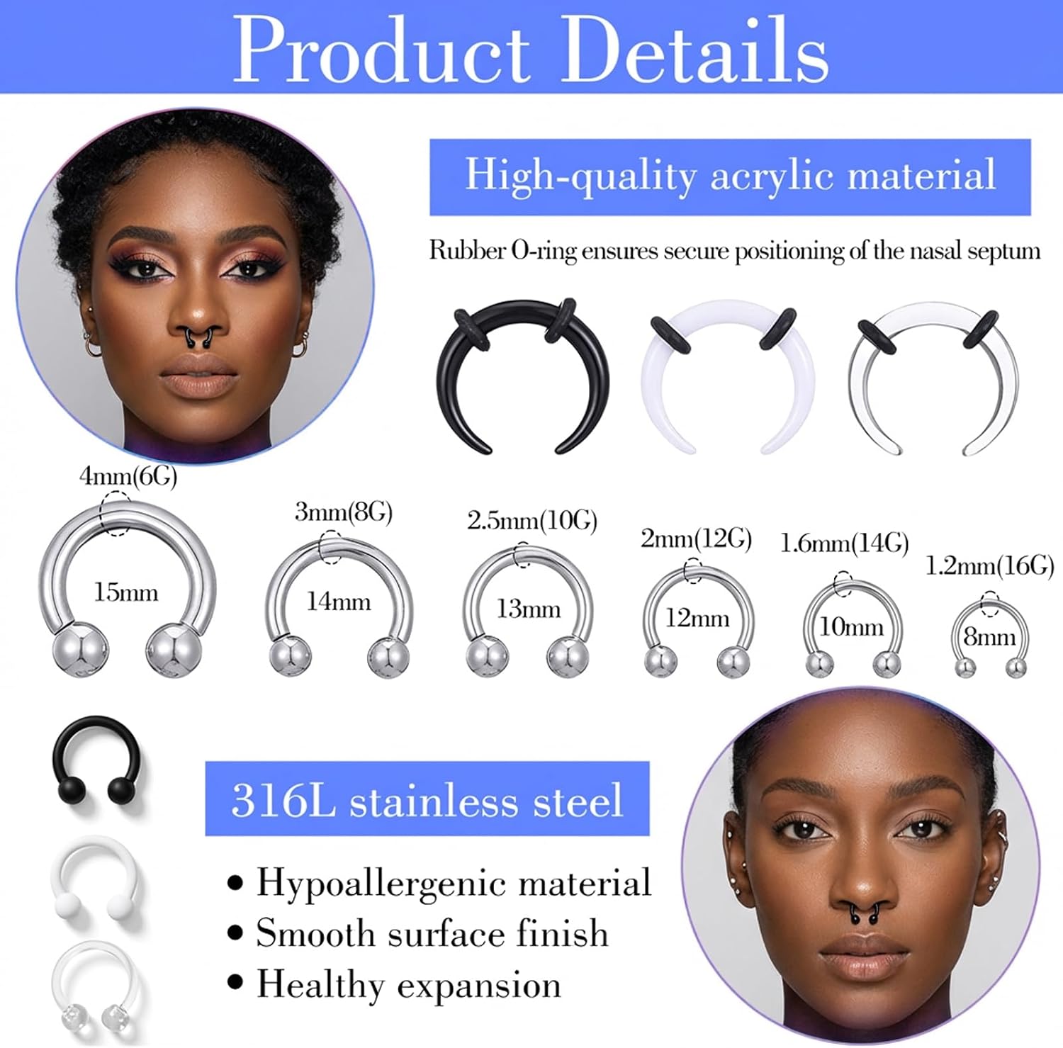 Yolev 24Pcs Septum Stretching Kit 16G 14G 12G 10G 8G 6G Septum Pincher Tapers Rings Acrylic Stainless Steel C Shape Fake Stretched Septum Metal Horseshoe Piercing Jewelry for Women Men