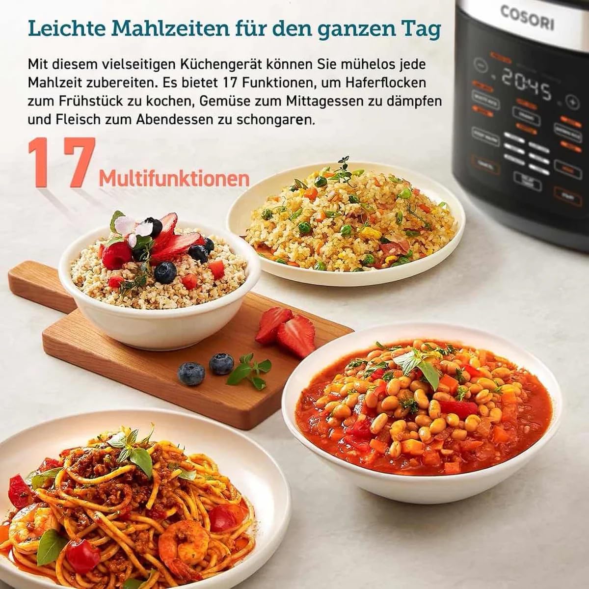 COSORI Reiskocher, Keramikbeschichtung, Rice Cooker 5 L, Multikocher mit 17 Programme, Fuzzy-Logik, Dampfgarer mit Edestahleinsatz, Warmhaltefunktion, Timer, Schwarz