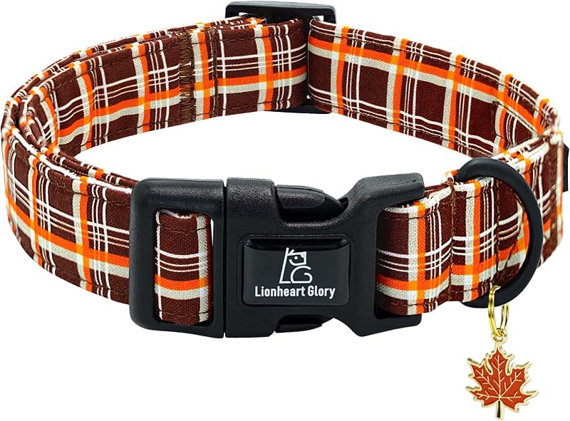 Coleira para Cães em Algodão com Estampa Xadrez Marrom e Laranja Lionheart glory – Tamanho M