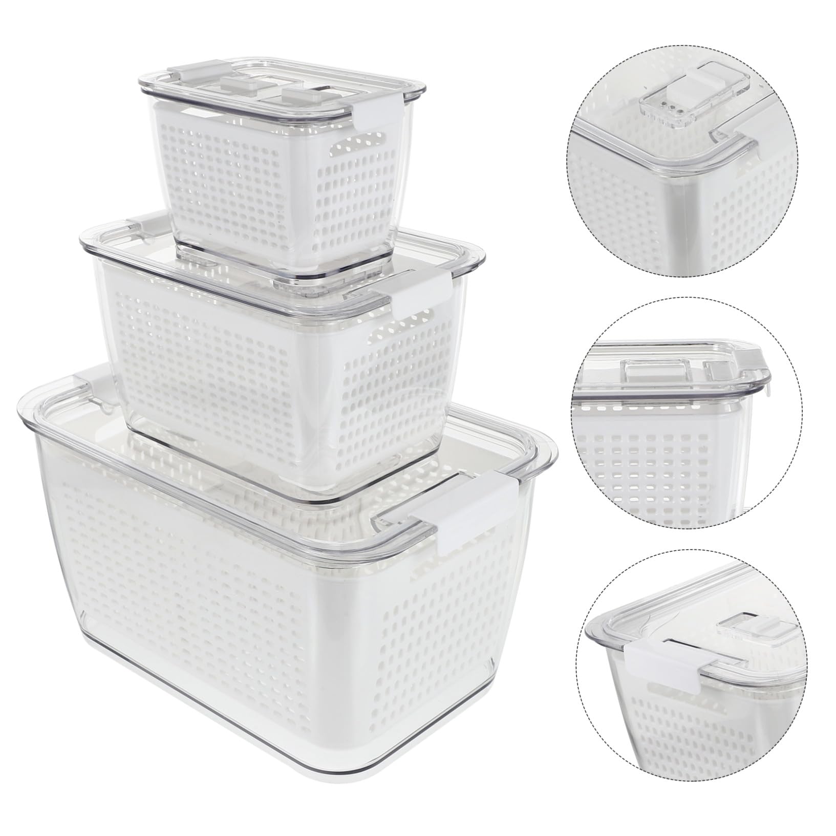Frischhaltedose mit Ablaufsieb Küchen Aufbewahrungsbox Bpa frei Luftdicht Frischebox für Obst Gemüse Kühlschrank Organizer Platzsparend Weiß